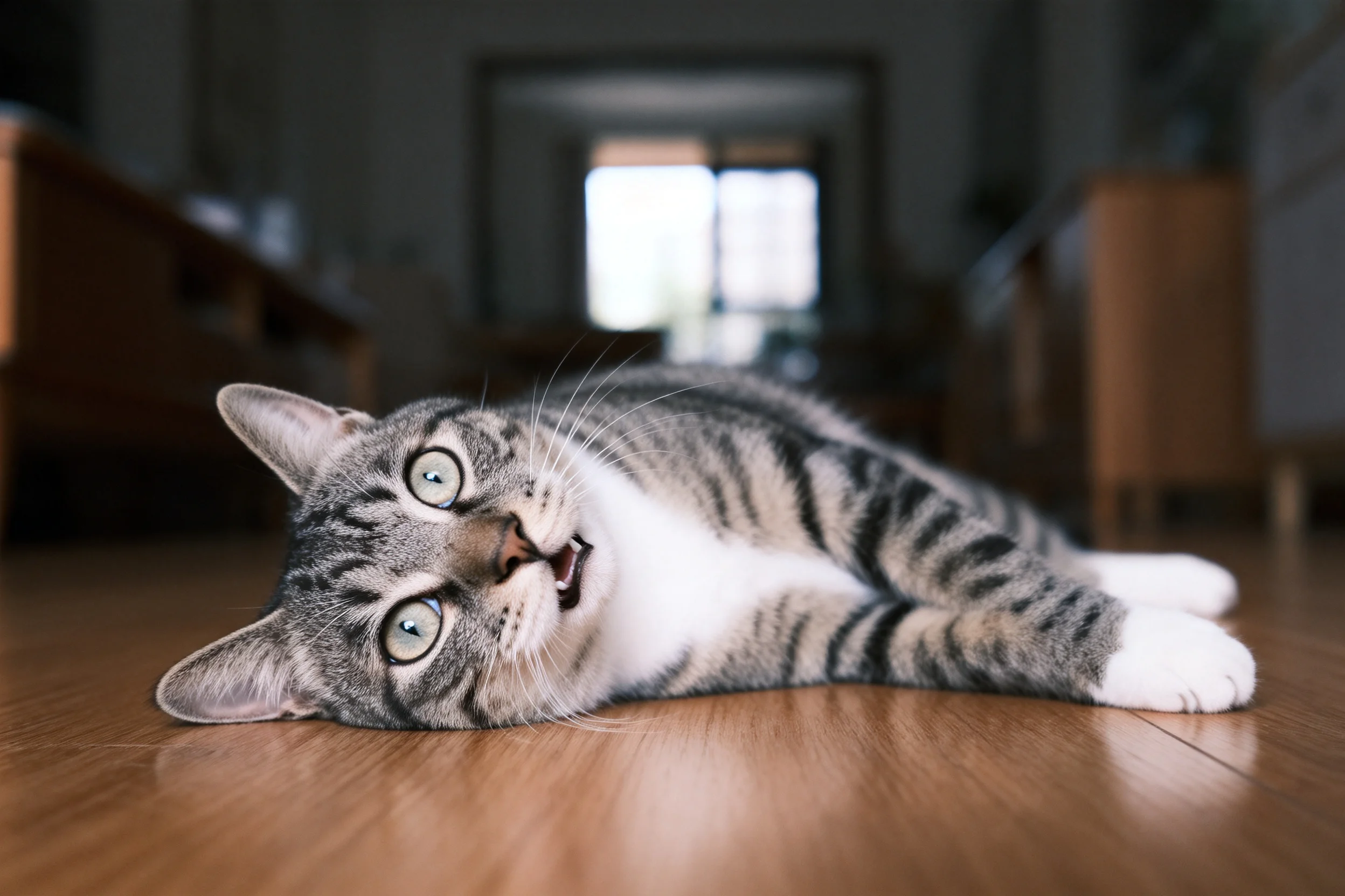 一只虎斑短毛家猫侧躺在木质地面上,眼睛圆睁,白色爪子清晰可见。