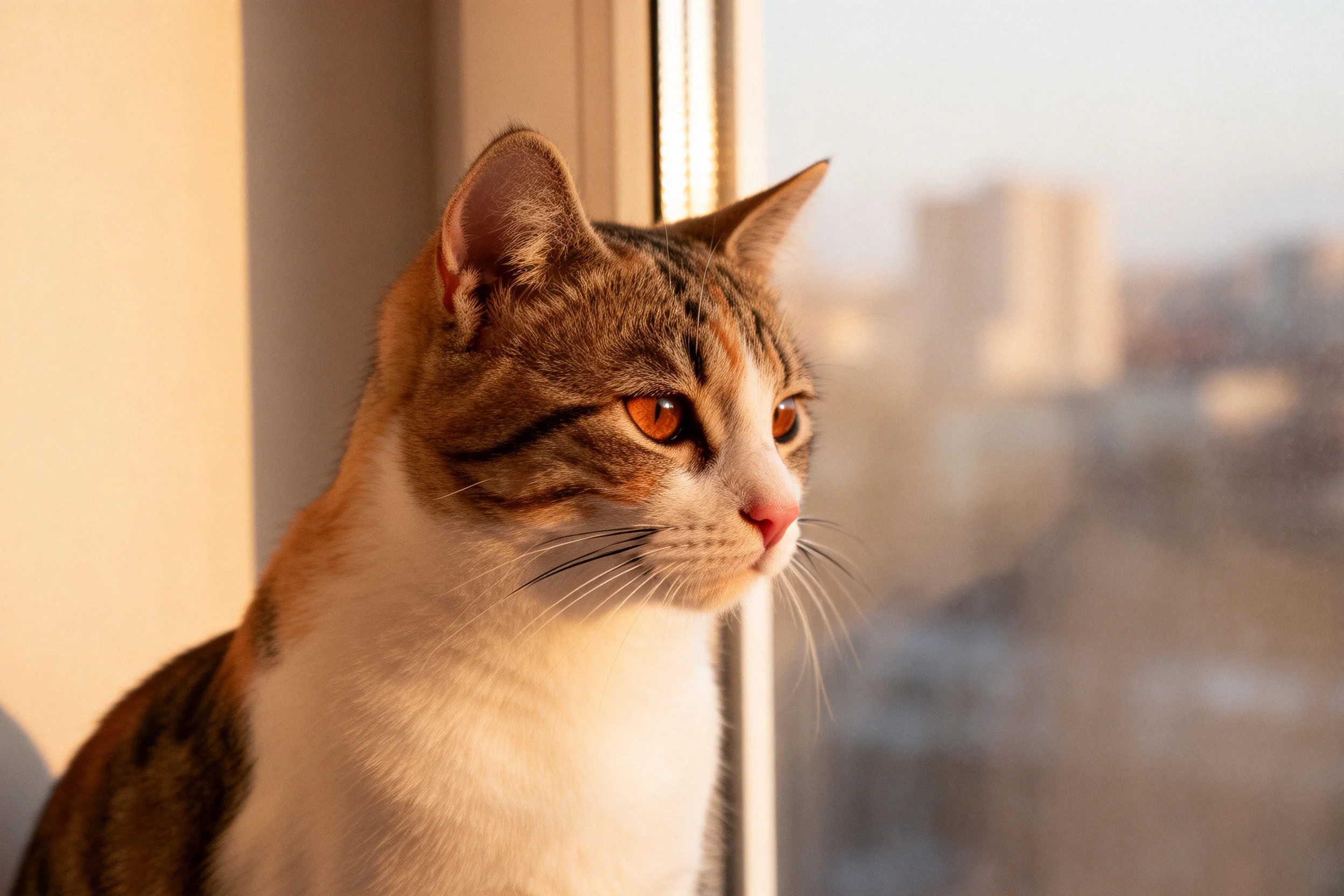 棕白相间短毛猫有着橙红色眼睛,正安静地坐在窗边凝视远方,白色的胸部与棕褐色背部形成鲜明对比。