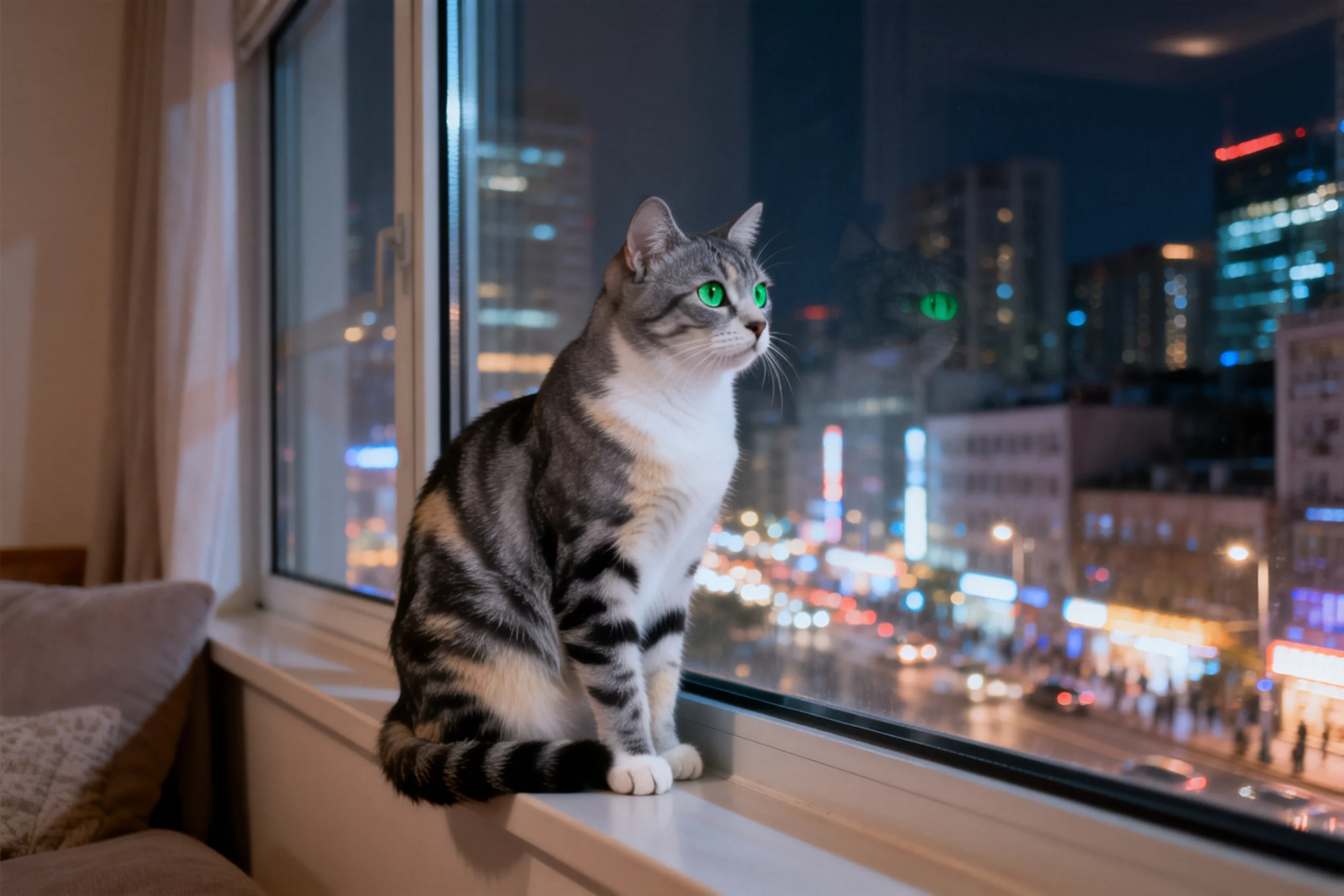 虎斑短毛猫有着灰黑相间的虎斑花纹,白色胸部和绿色眼睛在夜晚的灯光下显得格外醒目。