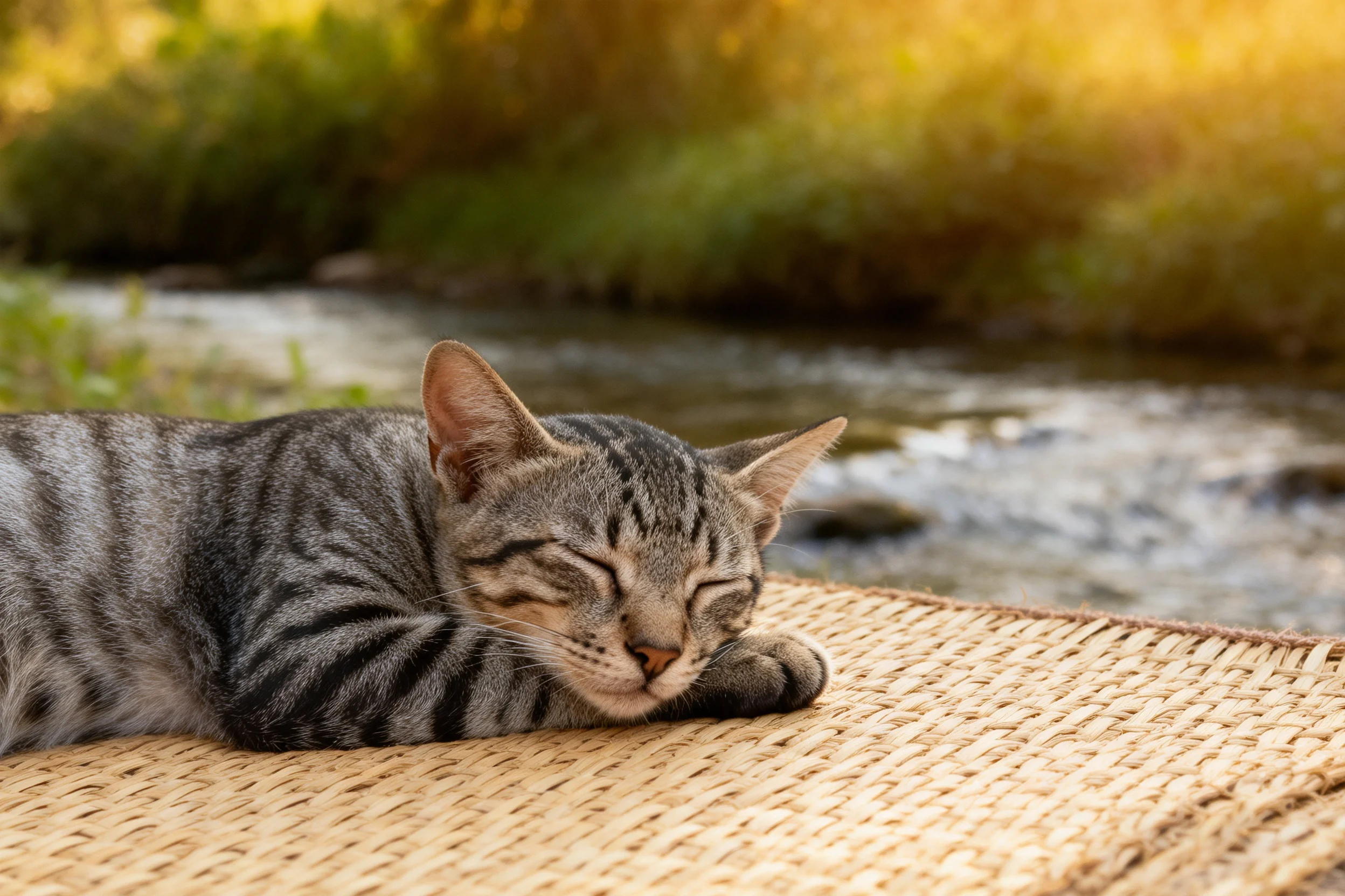 短毛虎斑猫闭眼趴在编织平台上,灰黑条纹清晰,皮毛柔软贴靠平台表面。