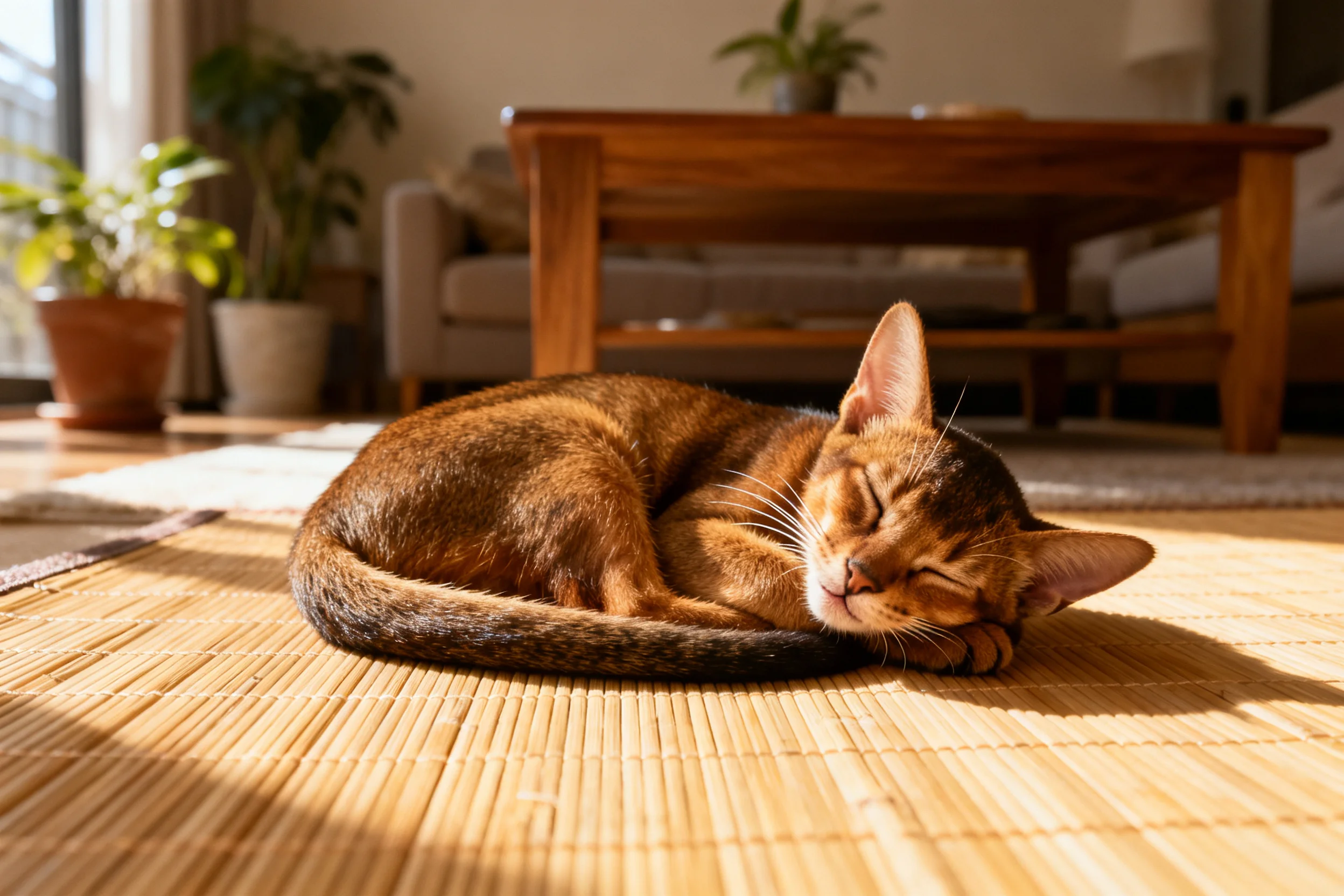 阿比西尼亚猫蜷缩在竹席上,红棕色虎斑纹理的皮毛在阳光下清晰可见。