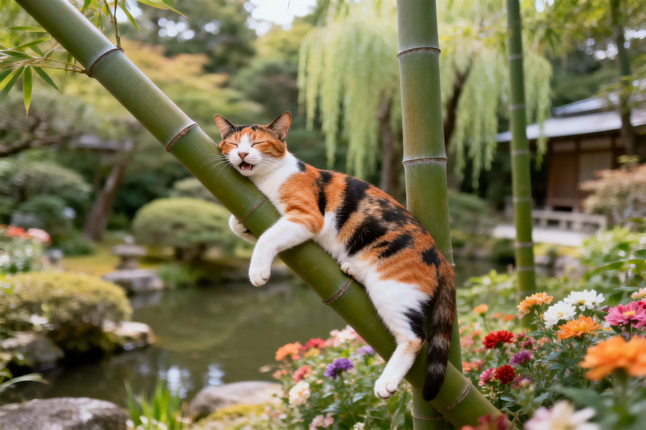 三色短毛家猫攀附在竹子上,橙黑白相间的皮毛清晰可见,嘴巴微张露出牙齿。