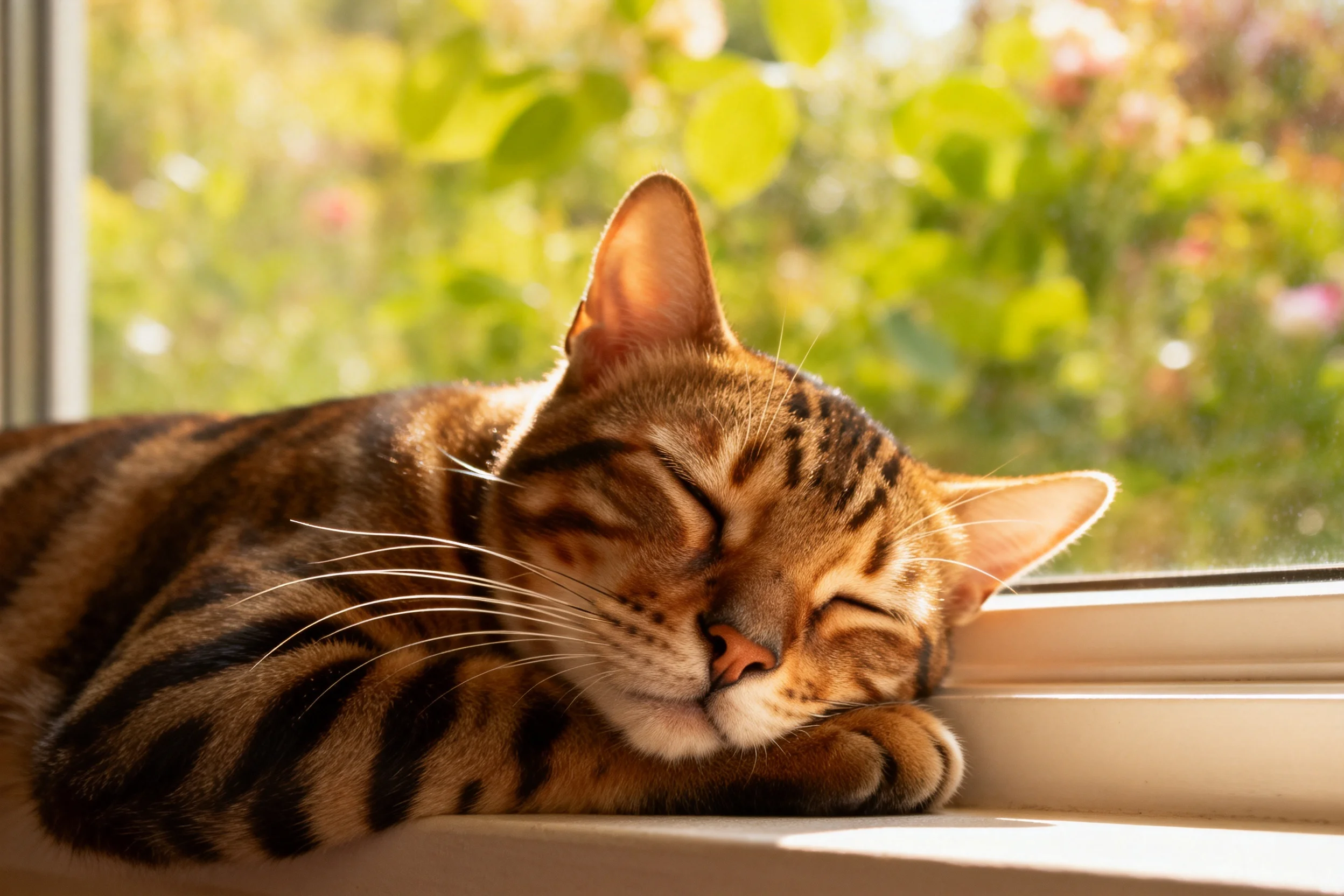孟加拉猫闭眼趴在窗台上,棕黄色皮毛带有清晰条纹图案。