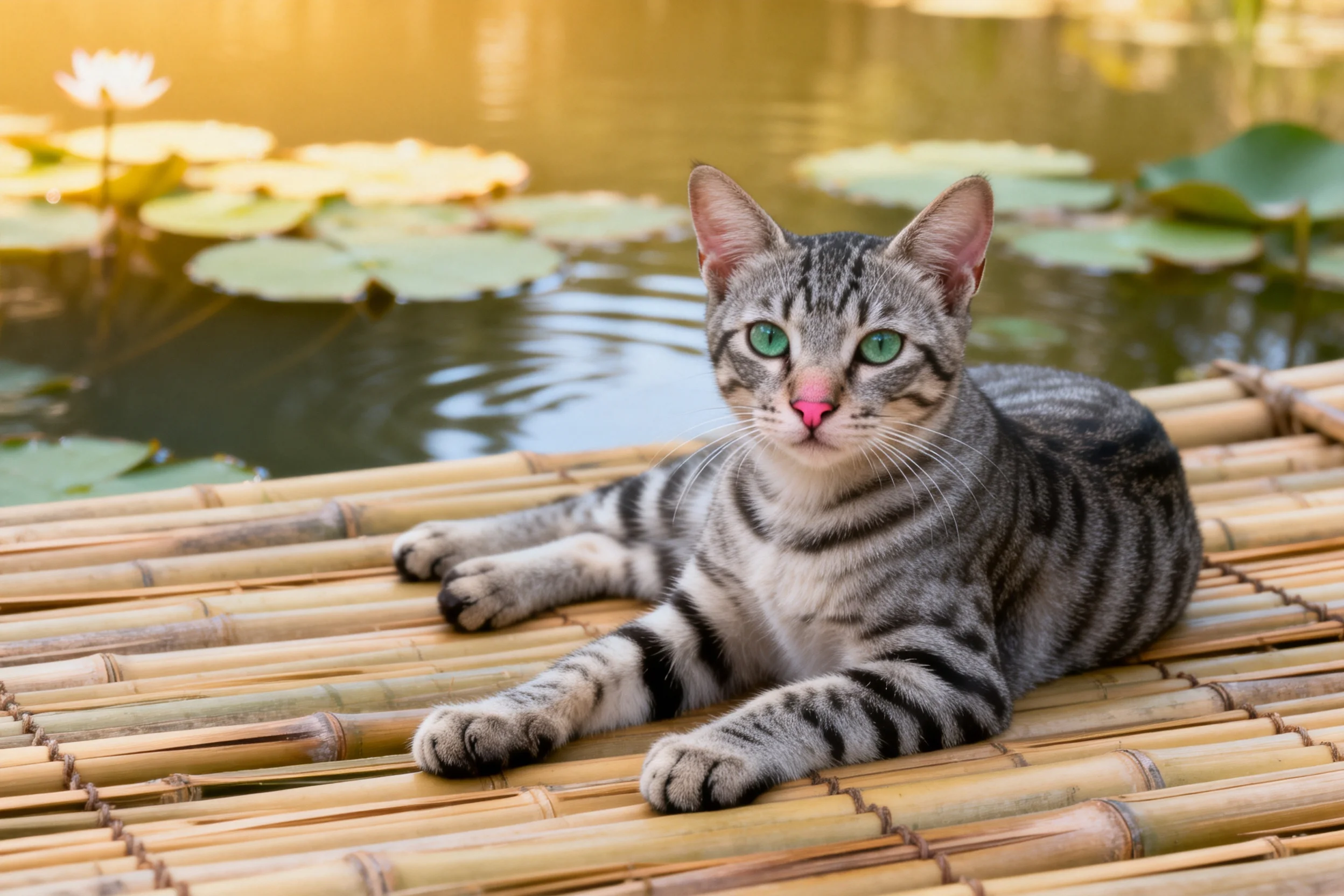 短毛虎斑猫趴在竹制平台上,有着灰黑相间的条纹毛发和绿色眼睛,粉色鼻头清晰可见。
