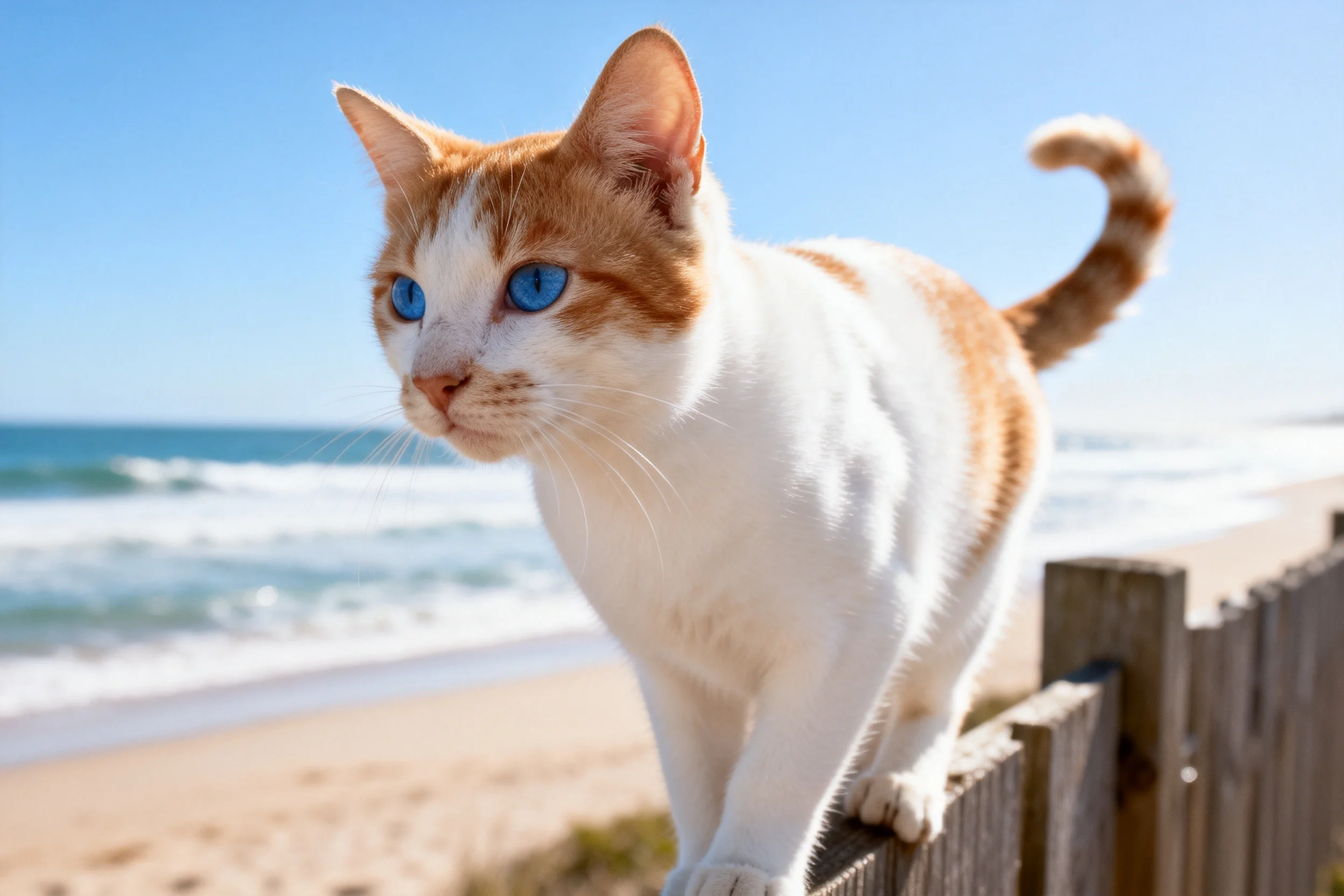 橙白短毛猫站在海滩木栅栏上,有着蓝色的眼睛和橙白相间的被毛,毛发柔软顺滑。