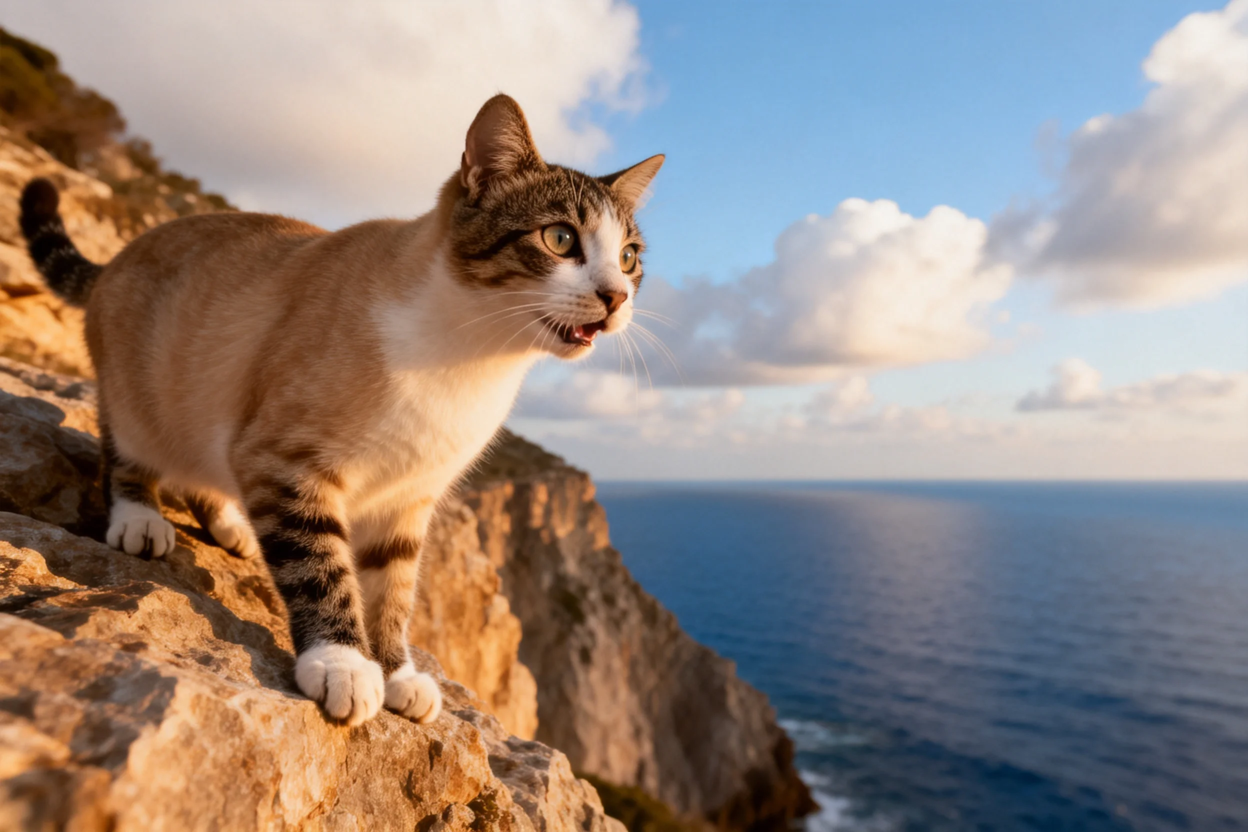 短毛虎斑猫皮毛带有条纹,正站在岩石上凝视远处的大海。