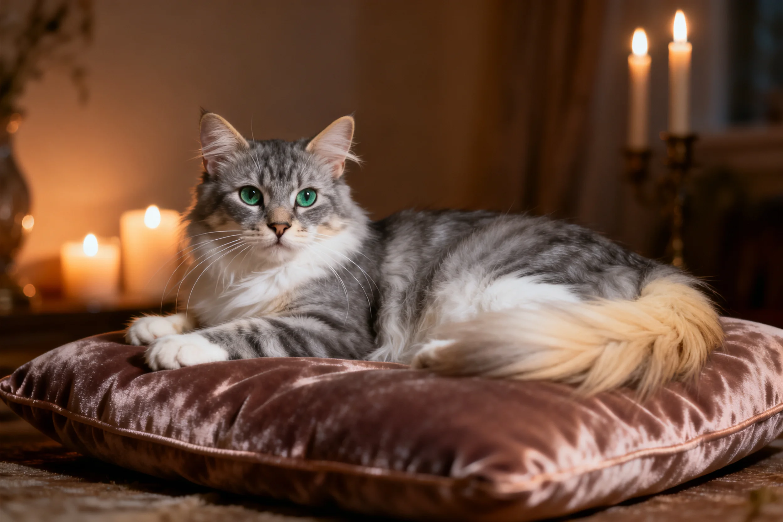 灰虎斑短毛猫趴在绒面靠垫上,绿色眼睛明亮,灰色带黑色条纹的被毛搭配白色胸部。