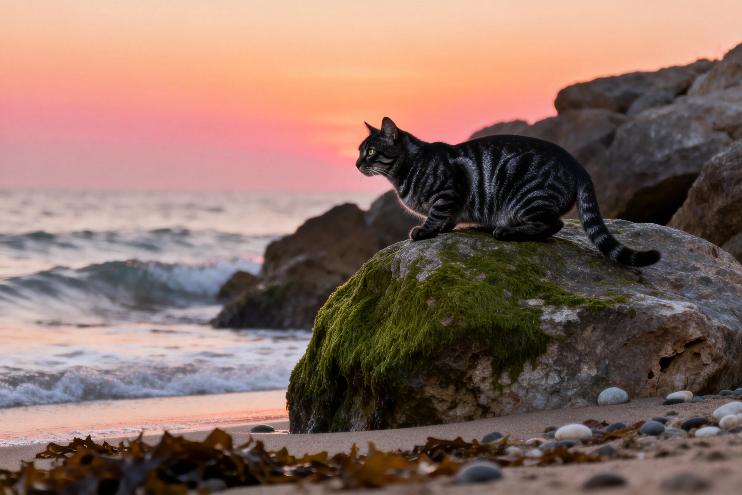 短毛虎斑猫趴在苔藓覆盖的岩石上,深浅相间的条纹毛发清晰可见。