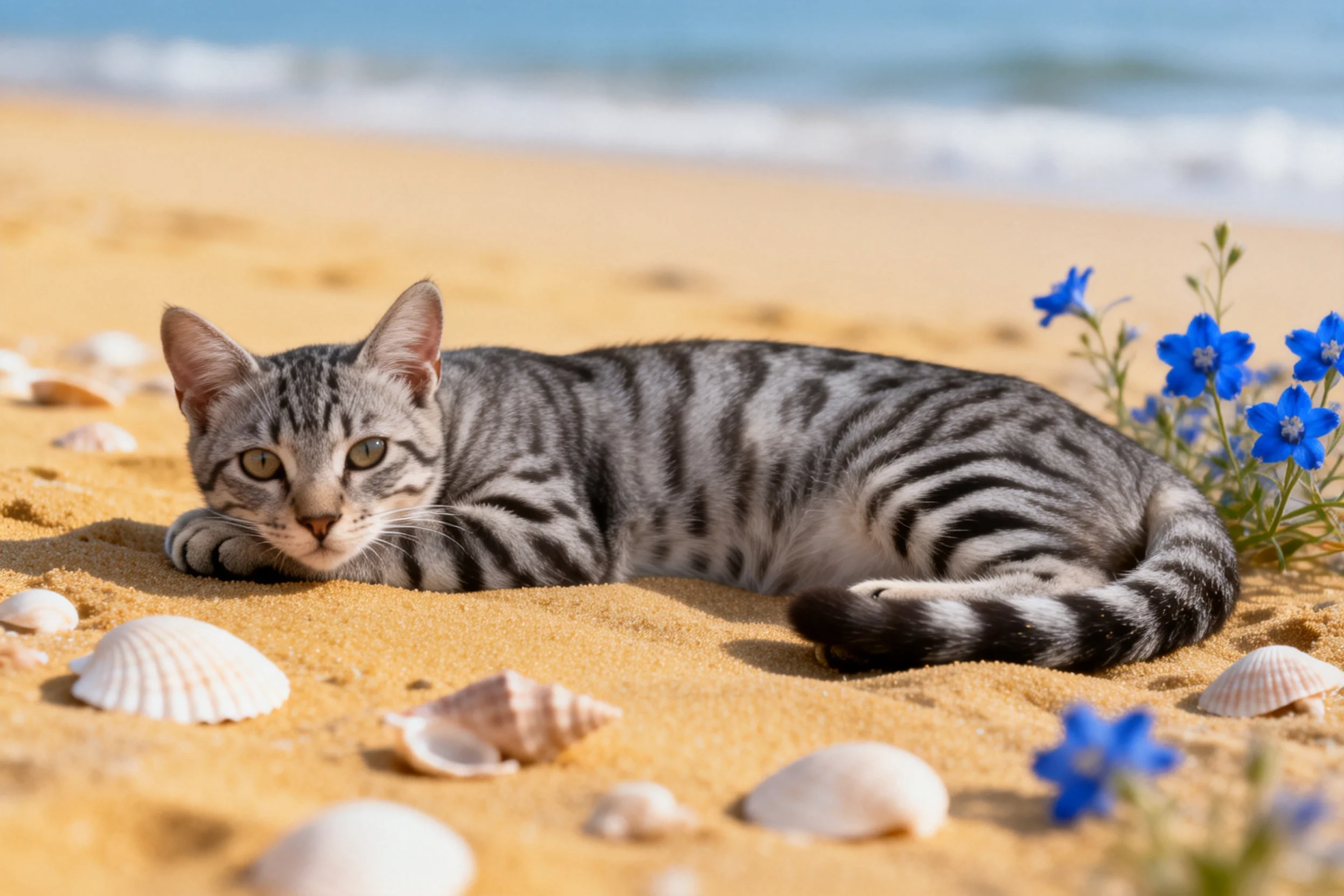 一只短毛虎斑猫，皮毛有清晰黑白相间条纹，安静趴在沙滩上，周围有贝壳和小花。