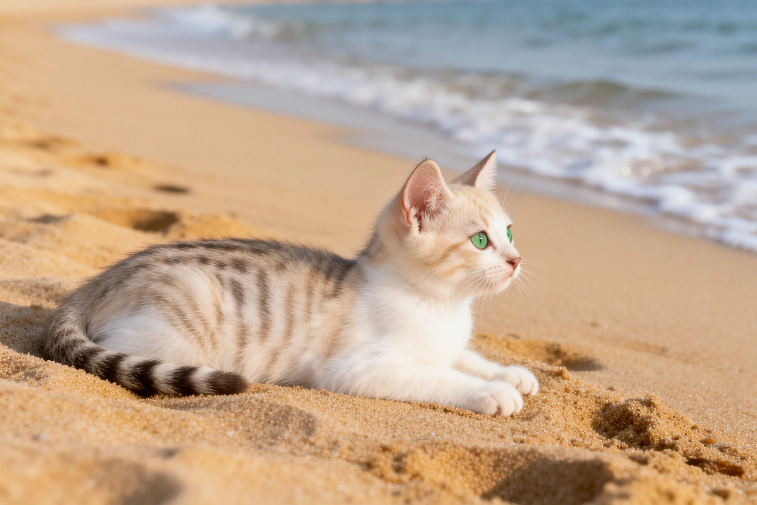 银虎斑短毛猫趴在沙滩上,有着清晰的虎斑纹理与绿色眼眸,爪子轻触沙滩表面。