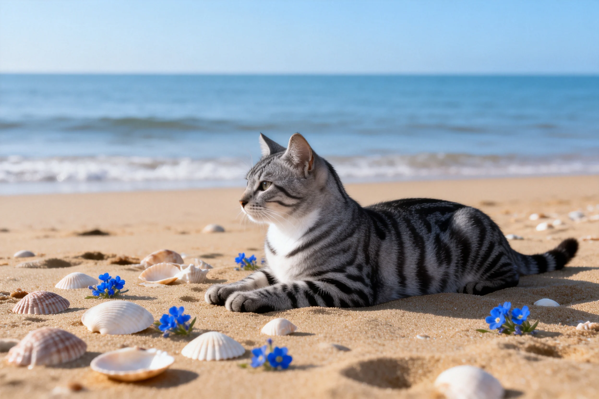 虎斑短毛猫趴在沙滩上,灰黑相间的虎斑纹路清晰,周围环绕着各类海贝壳与蓝色小花。