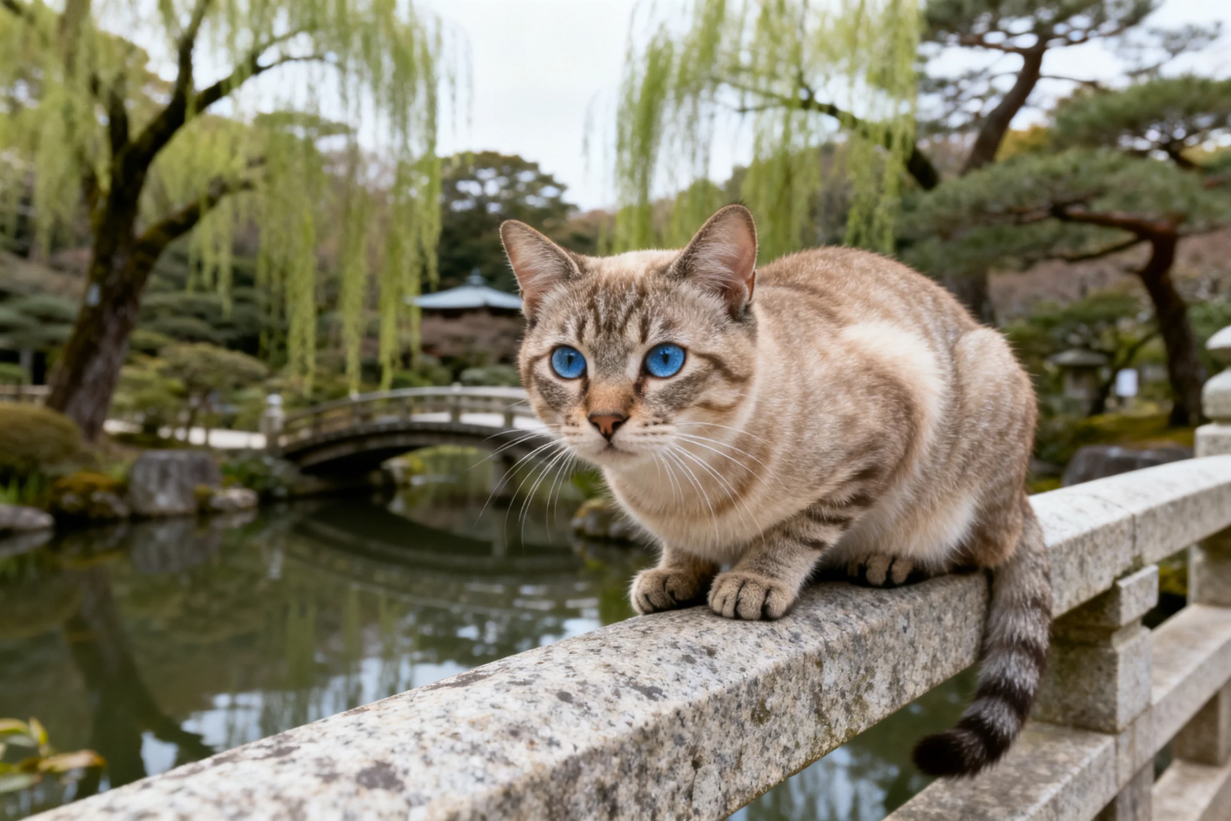 重点色短毛猫趴在石栏杆上，蓝眼睛明亮注视前方，毛发柔软顺滑。