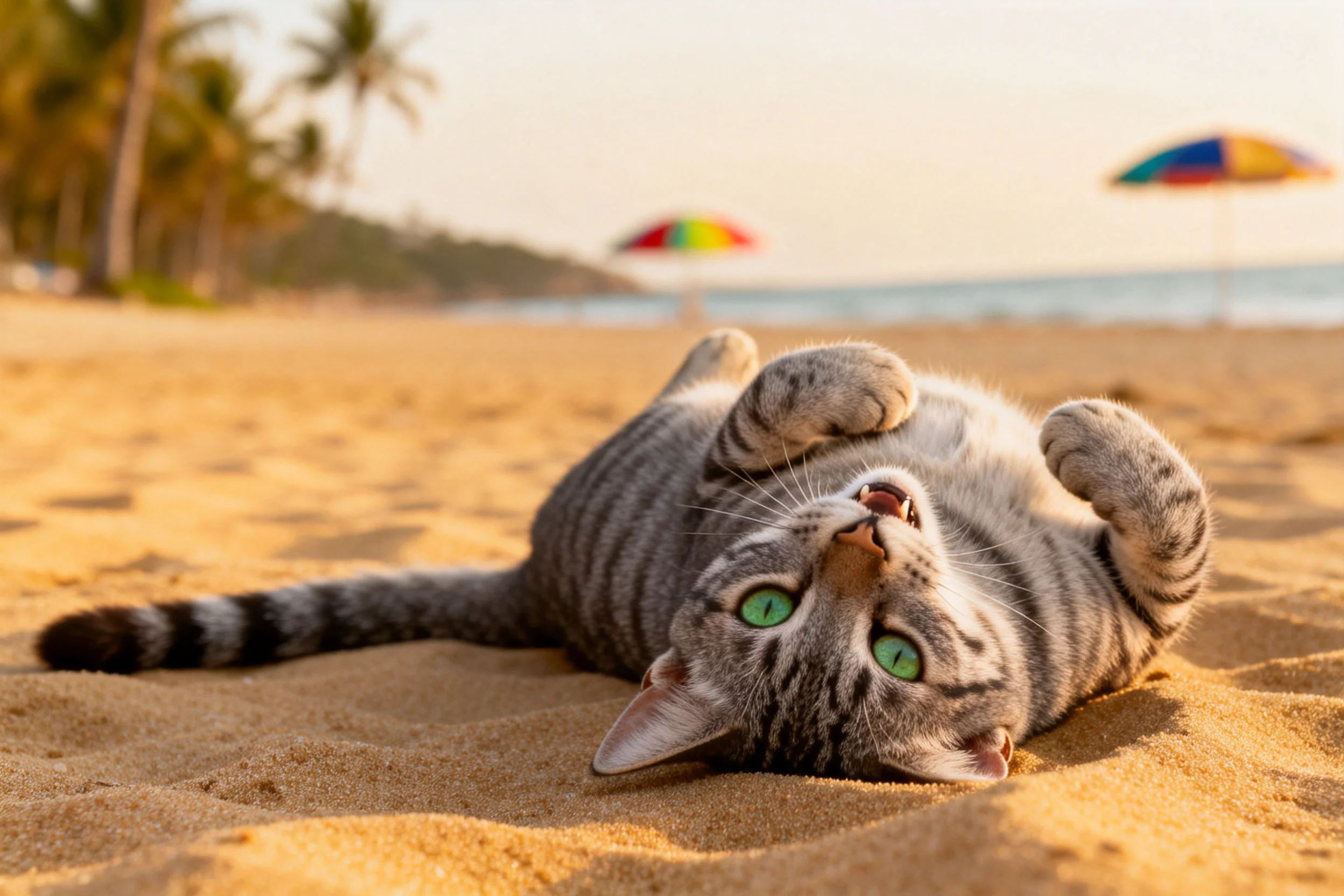 短毛虎斑猫仰卧在沙滩上,灰黑条纹毛发与翠绿色眼睛清晰可见。