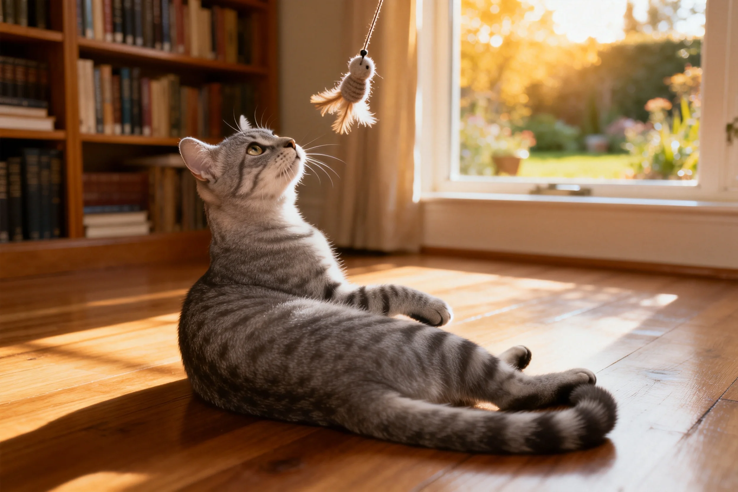 虎斑短毛猫抬头注视上方悬挂的玩具,灰色皮毛带有明显条纹。