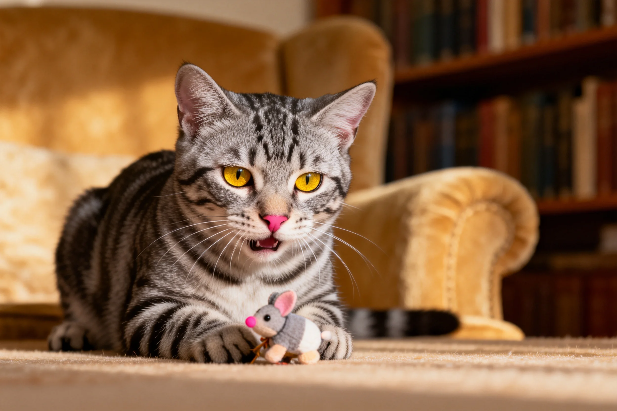 短毛虎斑猫黄色眼睛明亮,正用前爪轻触布制老鼠玩具。