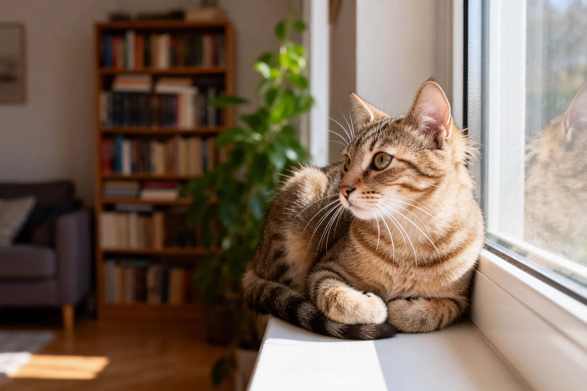 短毛虎斑猫安静地趴在窗台上,背部条纹清晰且分布均匀。