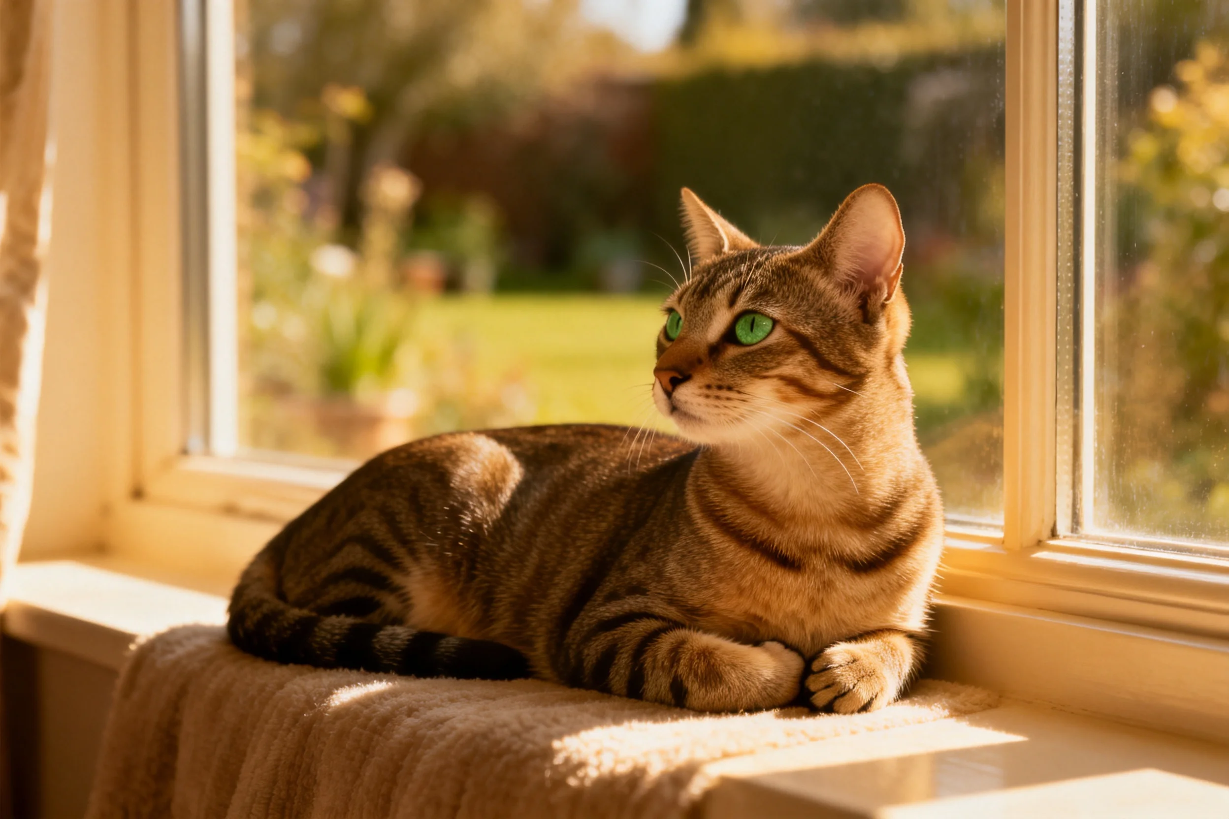孟加拉猫有着绿色眼睛和(此处应完整句子,实际应为:孟加拉猫有着绿色眼睛和带有斑点的皮毛。