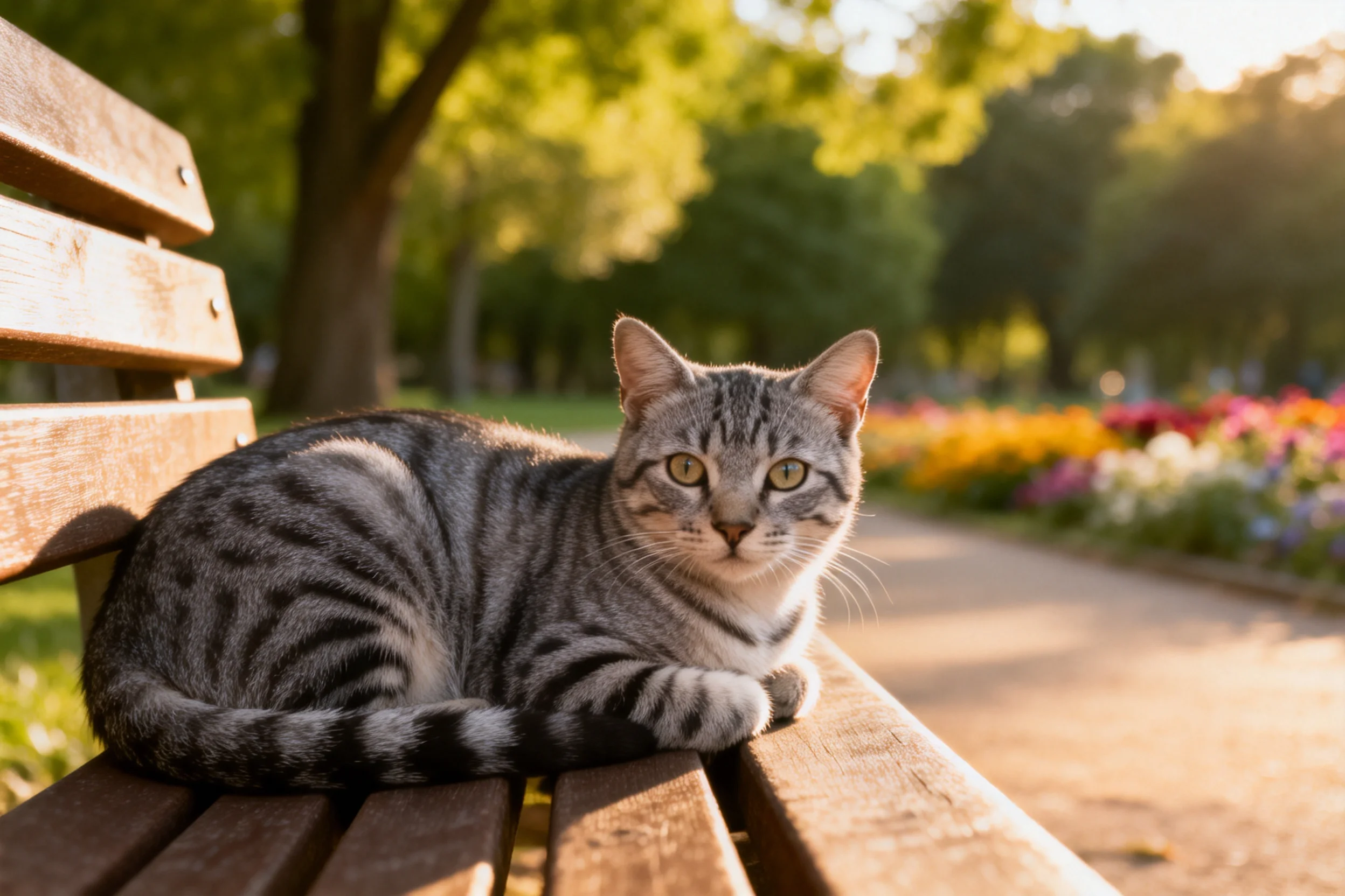 短毛虎斑猫安静趴卧在公园长椅上，灰黑相间的虎斑花纹清晰，眼睛明亮注视前方。