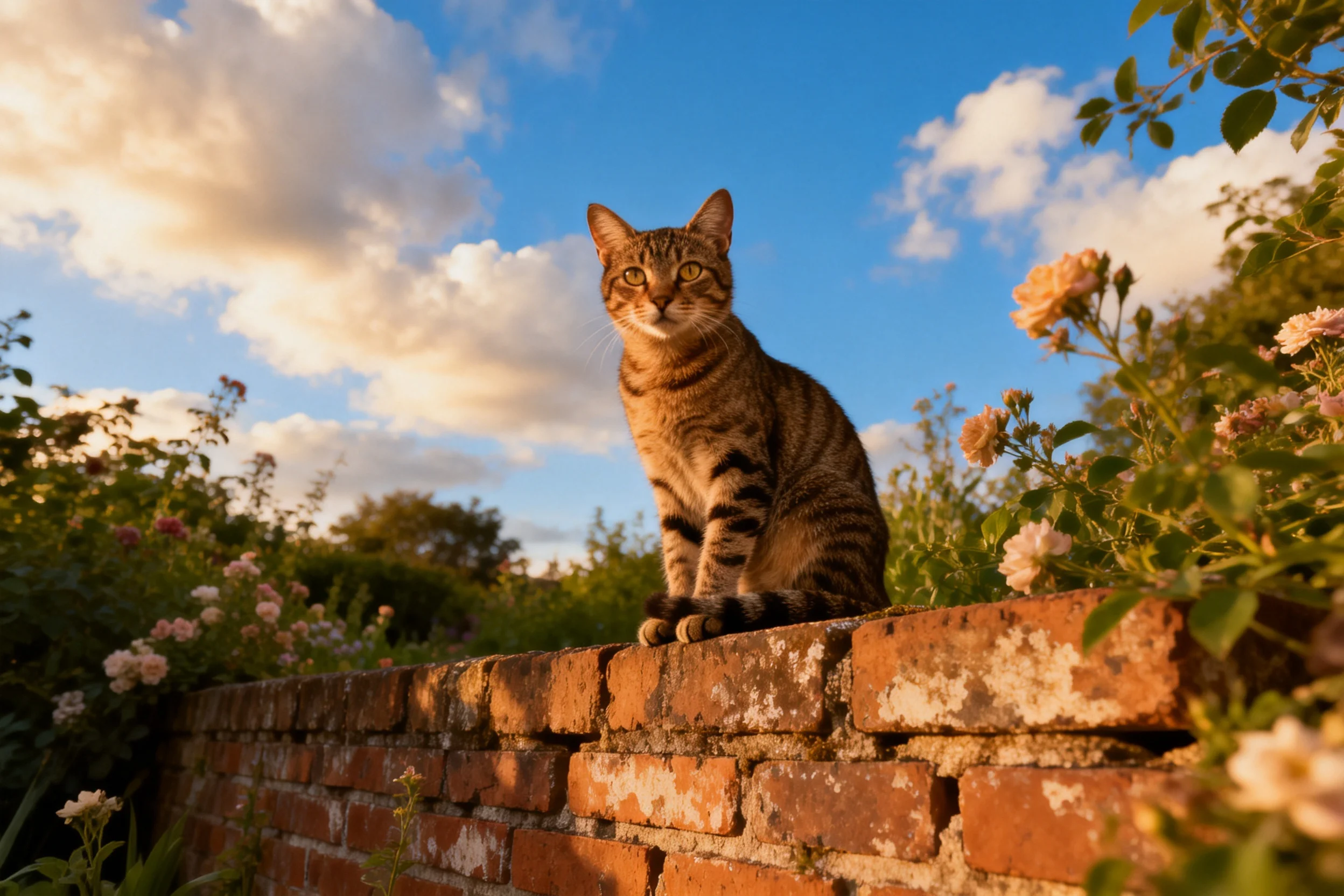 虎斑短毛猫安静地坐在红砖墙上,身上清晰的虎斑纹理在阳光下显得格外明显。