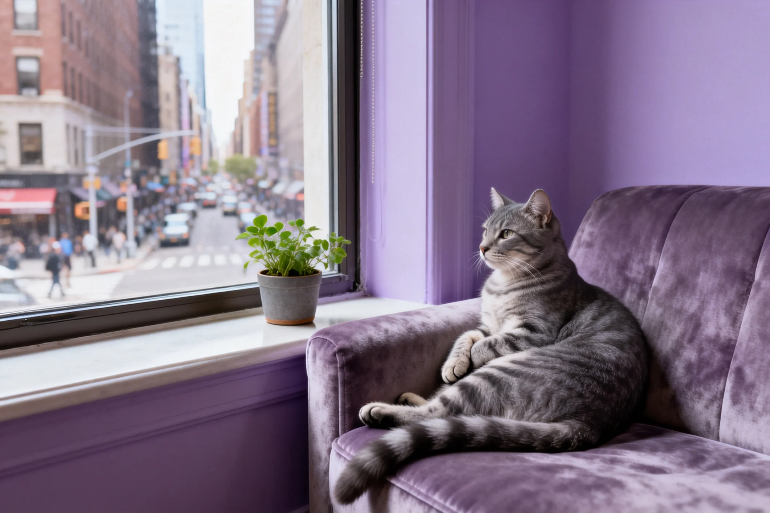 虎斑短毛猫趴在紫色沙发上,灰黑相间的条纹毛发清晰,前爪交叠姿态放松。