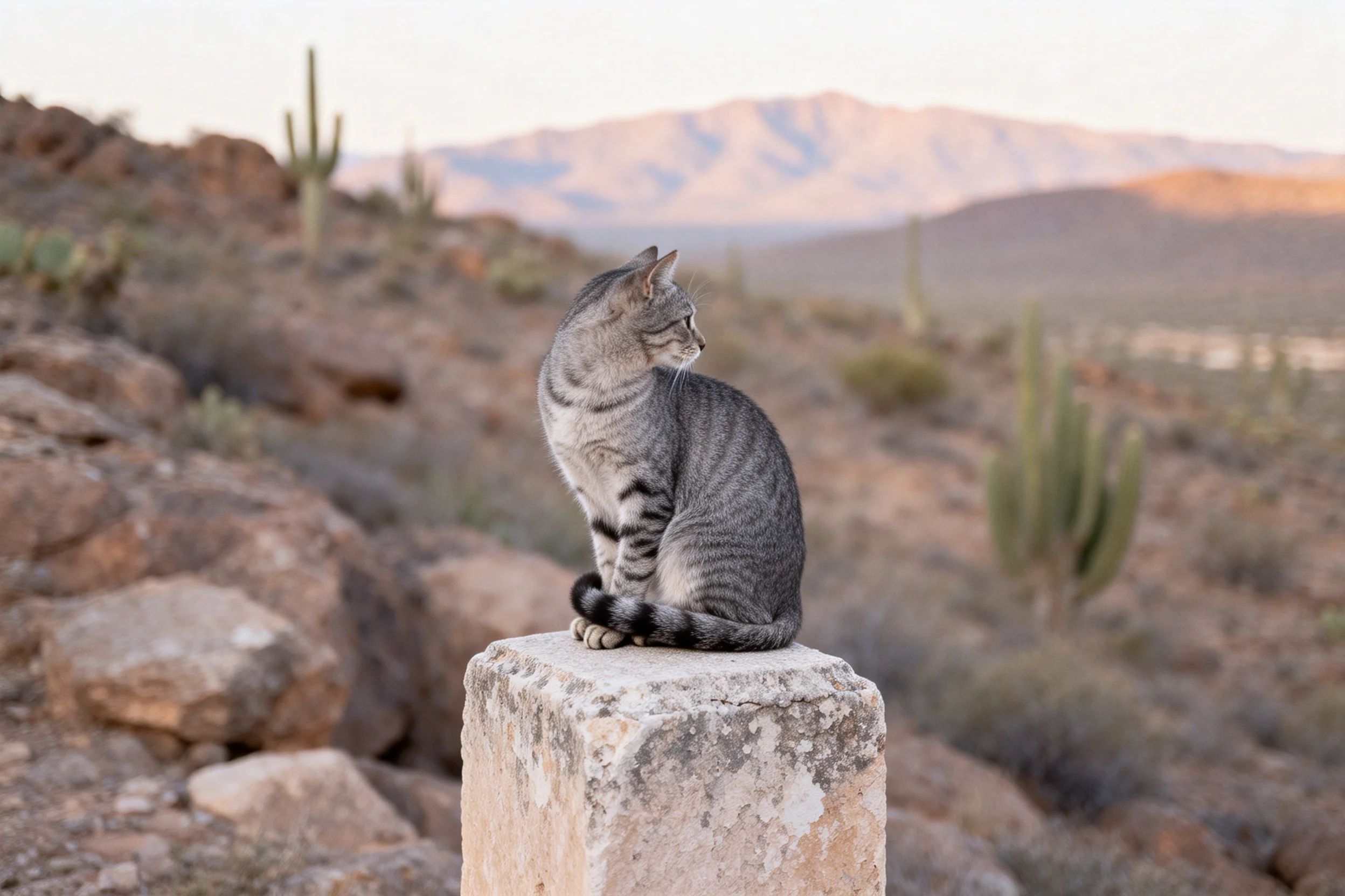 短毛虎斑猫静坐石柱上,身上灰黑相间的虎斑纹理清晰可见,目光投向远方荒漠。