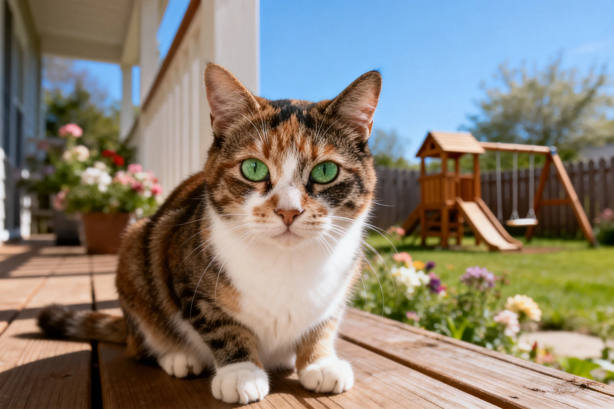 三色短毛家猫有着明亮的绿色眼睛和棕、黑、白相间的毛发,正安静地坐在木质平台上。
