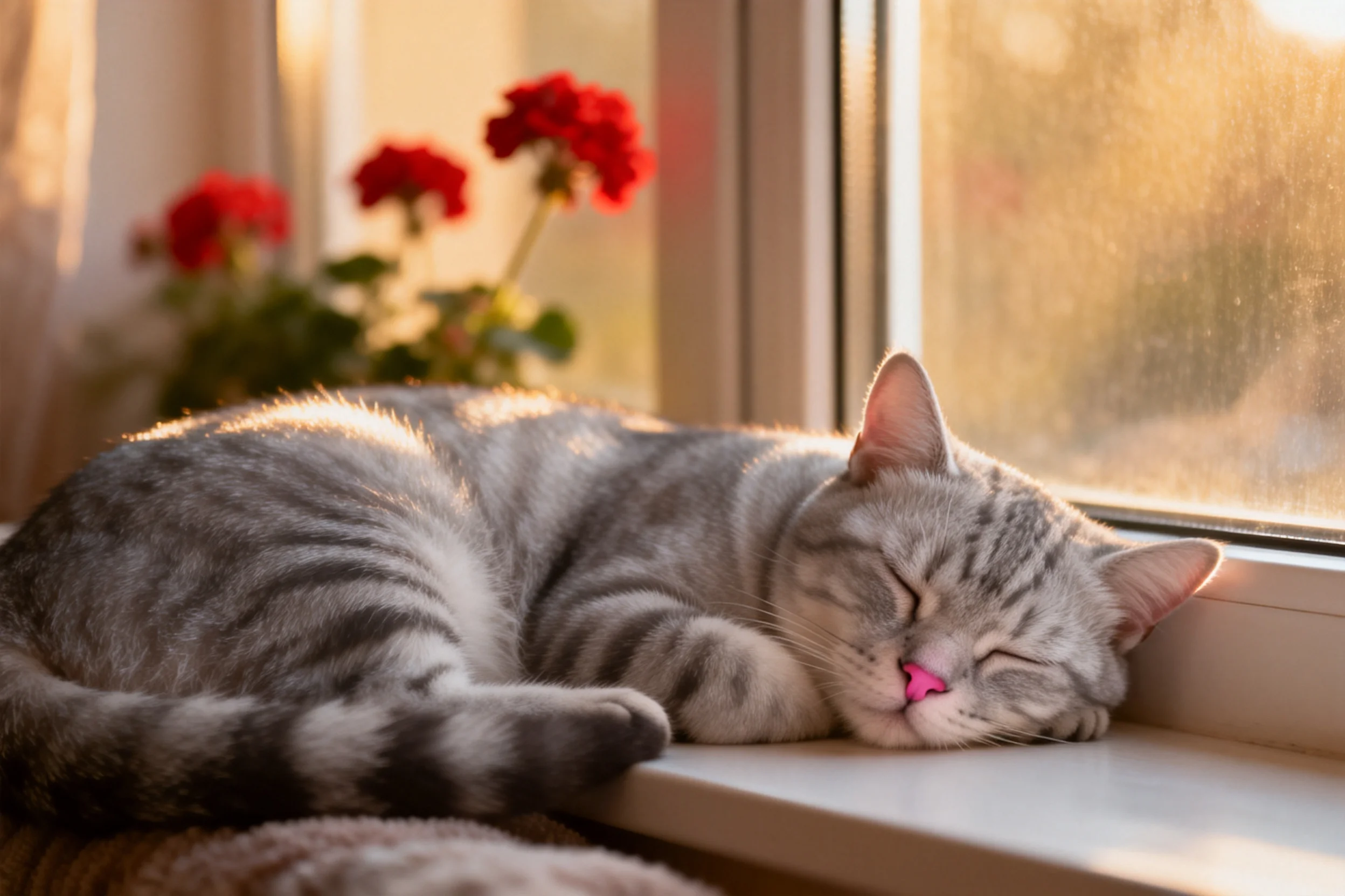 灰虎斑短毛猫闭眼沉睡,粉红色鼻头与清晰的虎斑毛发。
