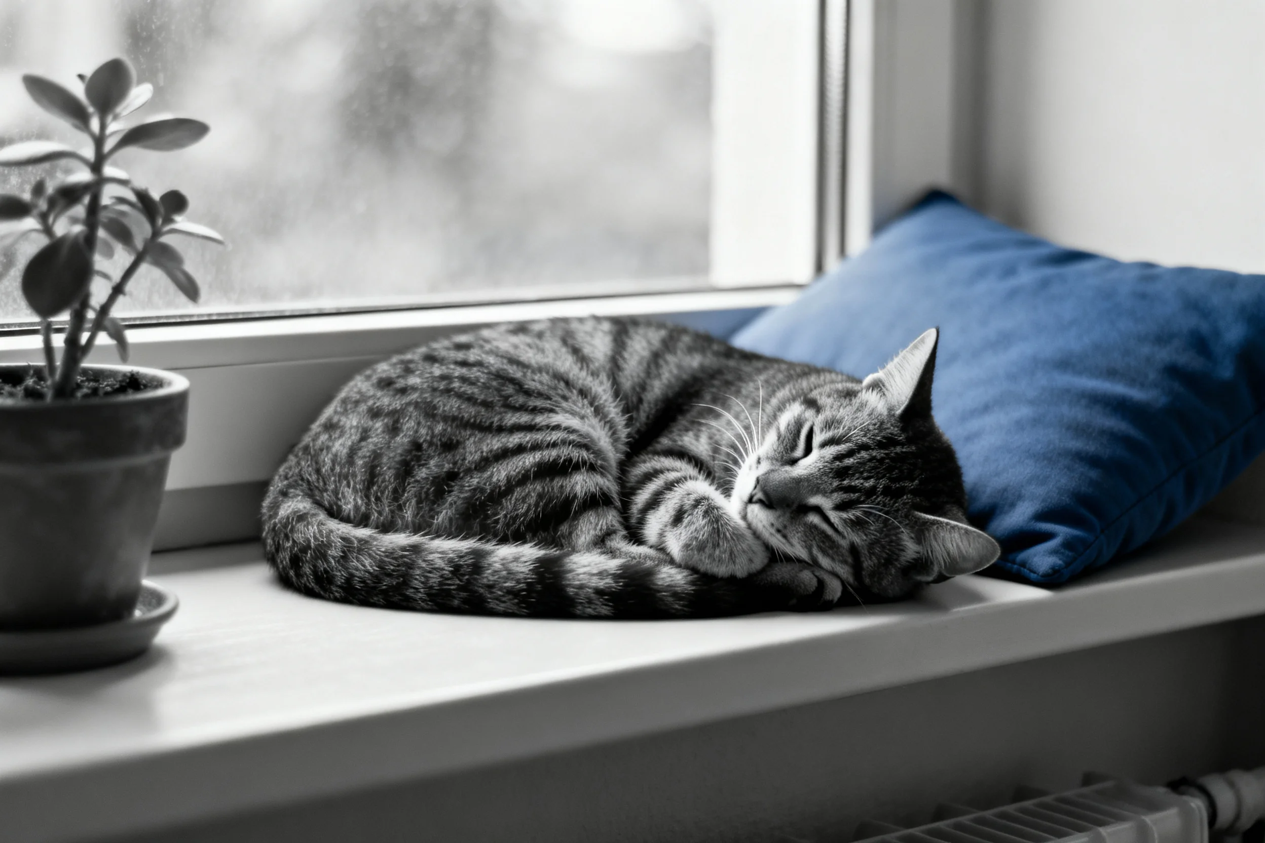 短毛虎斑猫蜷缩在窗台上,身上条纹清晰,处于睡眠状态,旁边有蓝色靠垫。