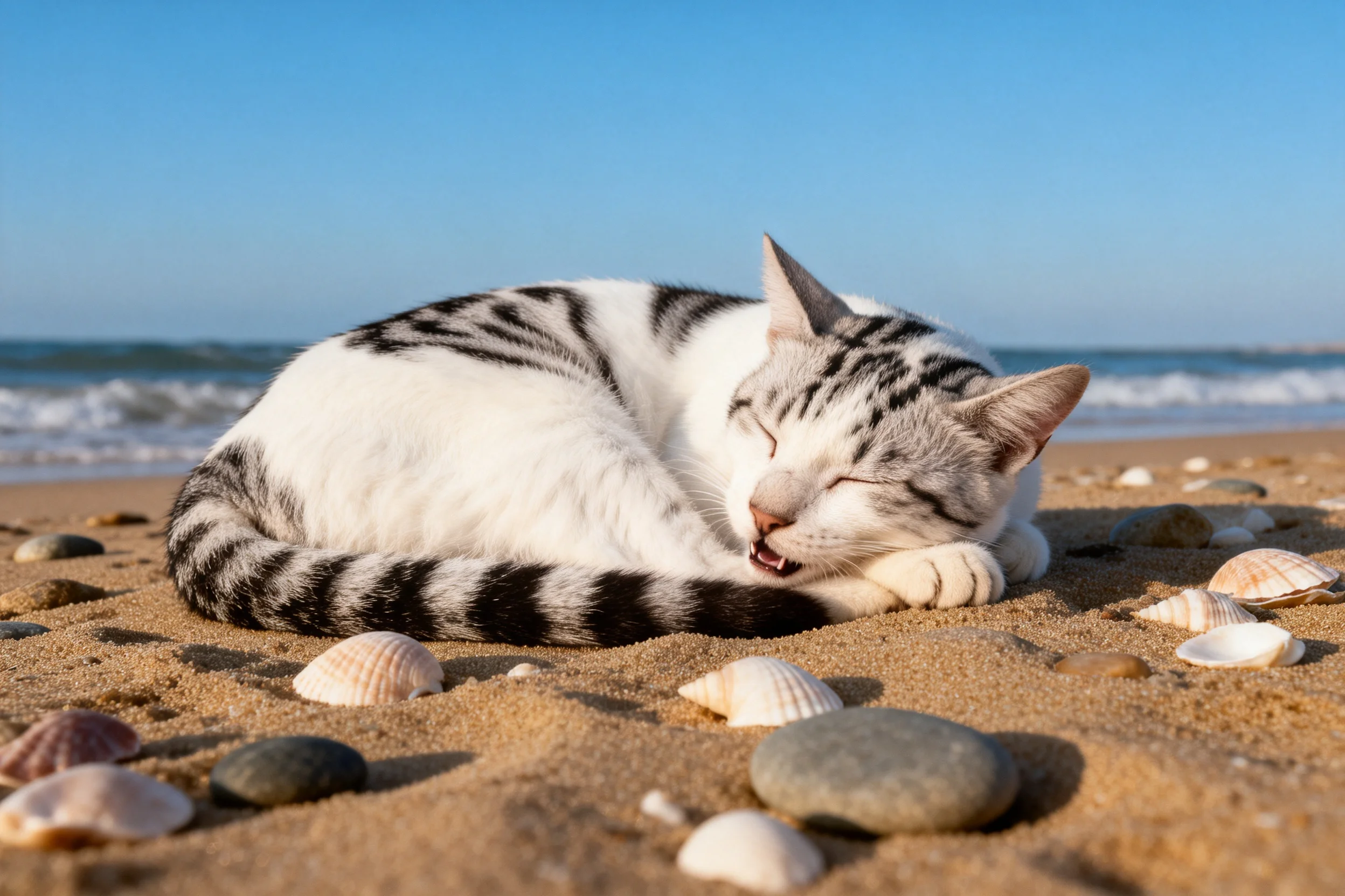 短毛虎斑猫蜷缩在沙滩上,黑白相间的皮毛与周围贝壳形成鲜明对比。