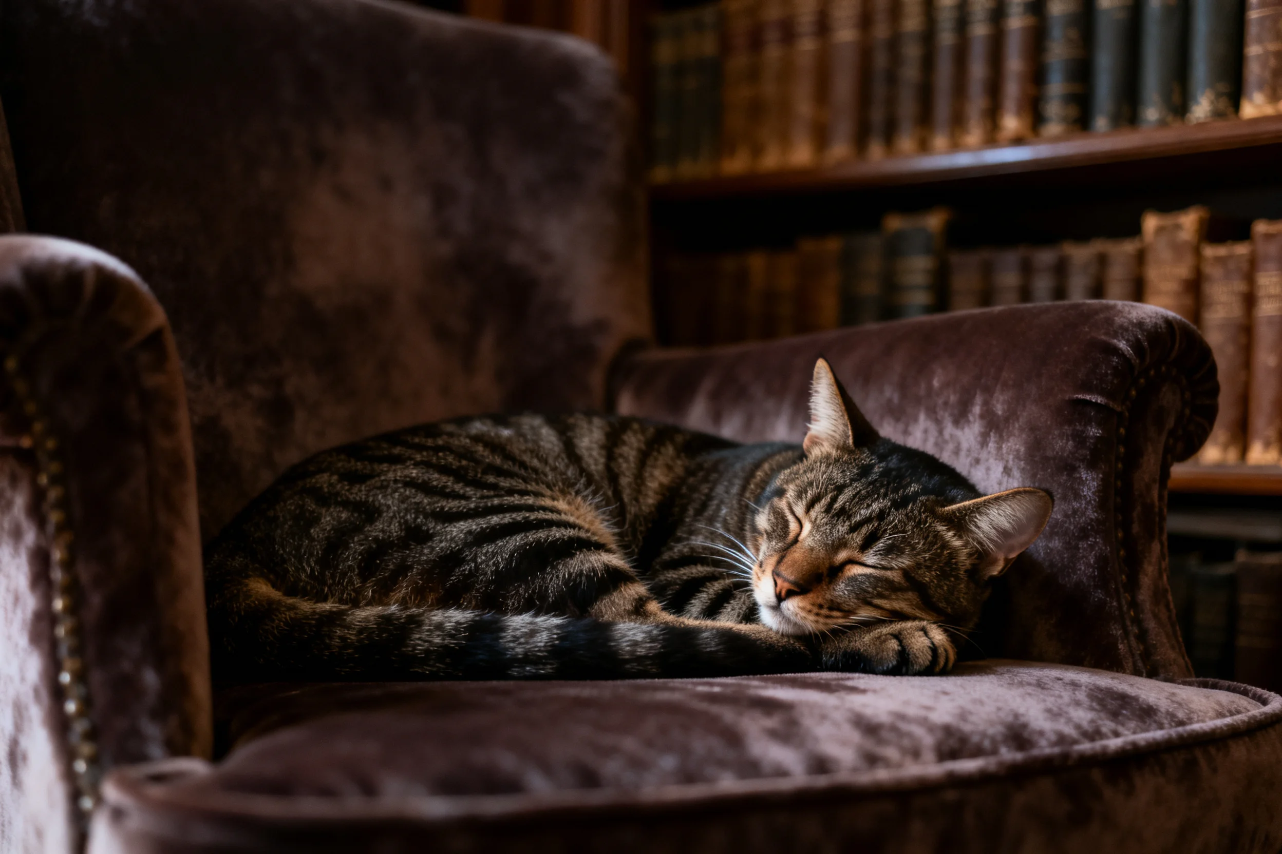 图中是一只虎斑短毛猫,它的身体呈现出棕黑相间的条纹图案,正安静地蜷卧在深紫色天鹅绒扶手椅上,姿态放松。
