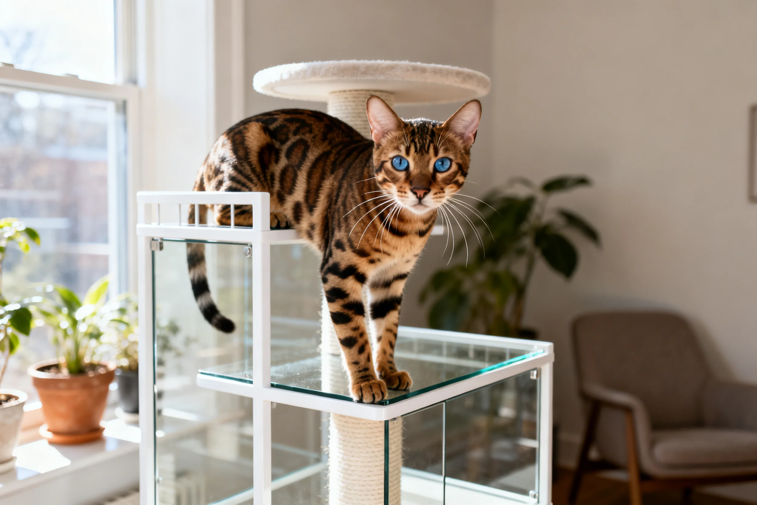 孟加拉猫站在玻璃平台猫树上,蓝色眼睛明亮清澈,皮毛有清晰的豹纹图案。