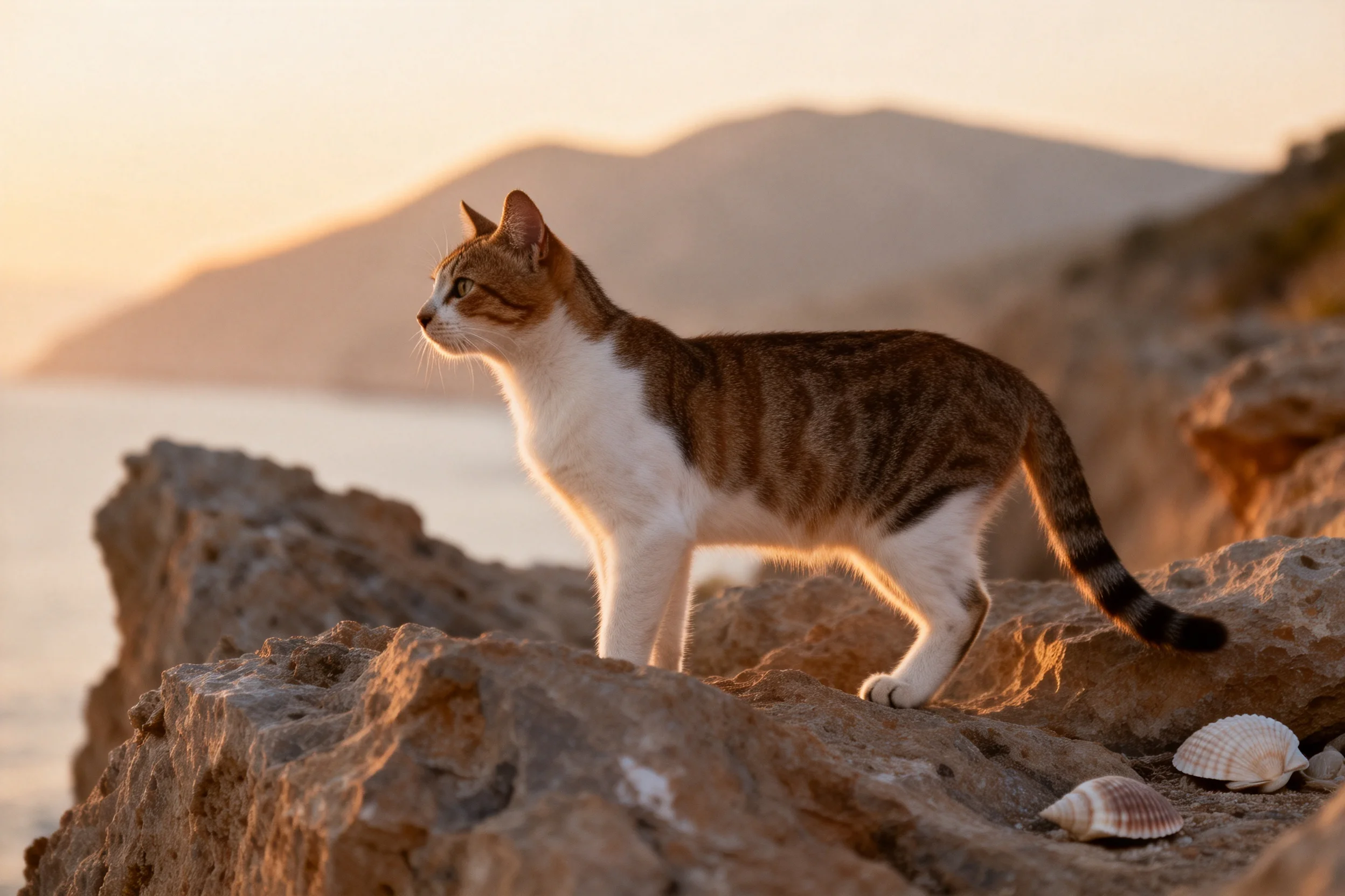 短毛虎斑猫站立在岩石上,耳朵竖起,目光专注,毛发在夕阳下呈现出清晰的虎斑纹路。
