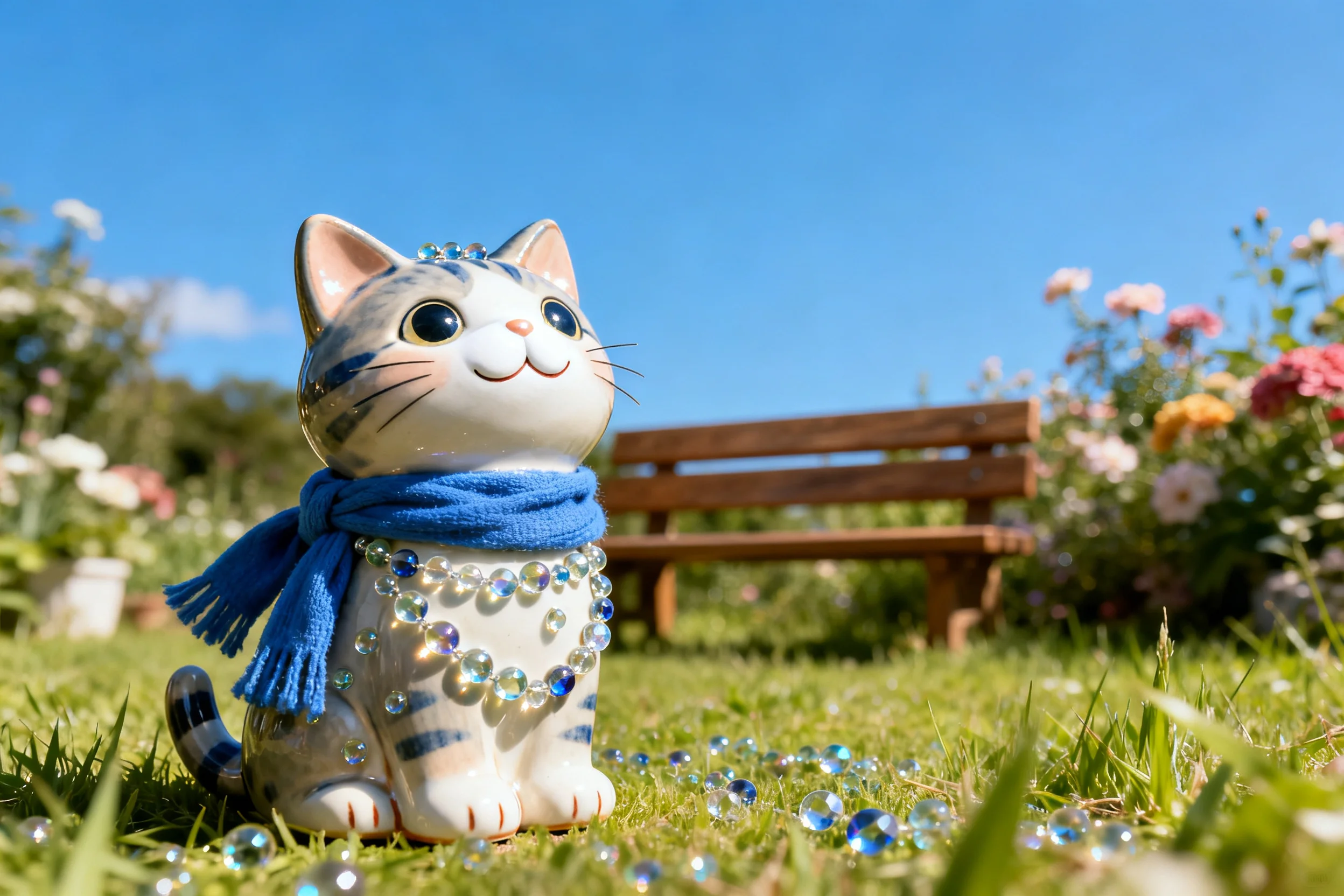 陶瓷虎斑猫摆件，佩戴蓝色围巾，身上装饰着水晶，安静地坐在阳光照耀的草地上。