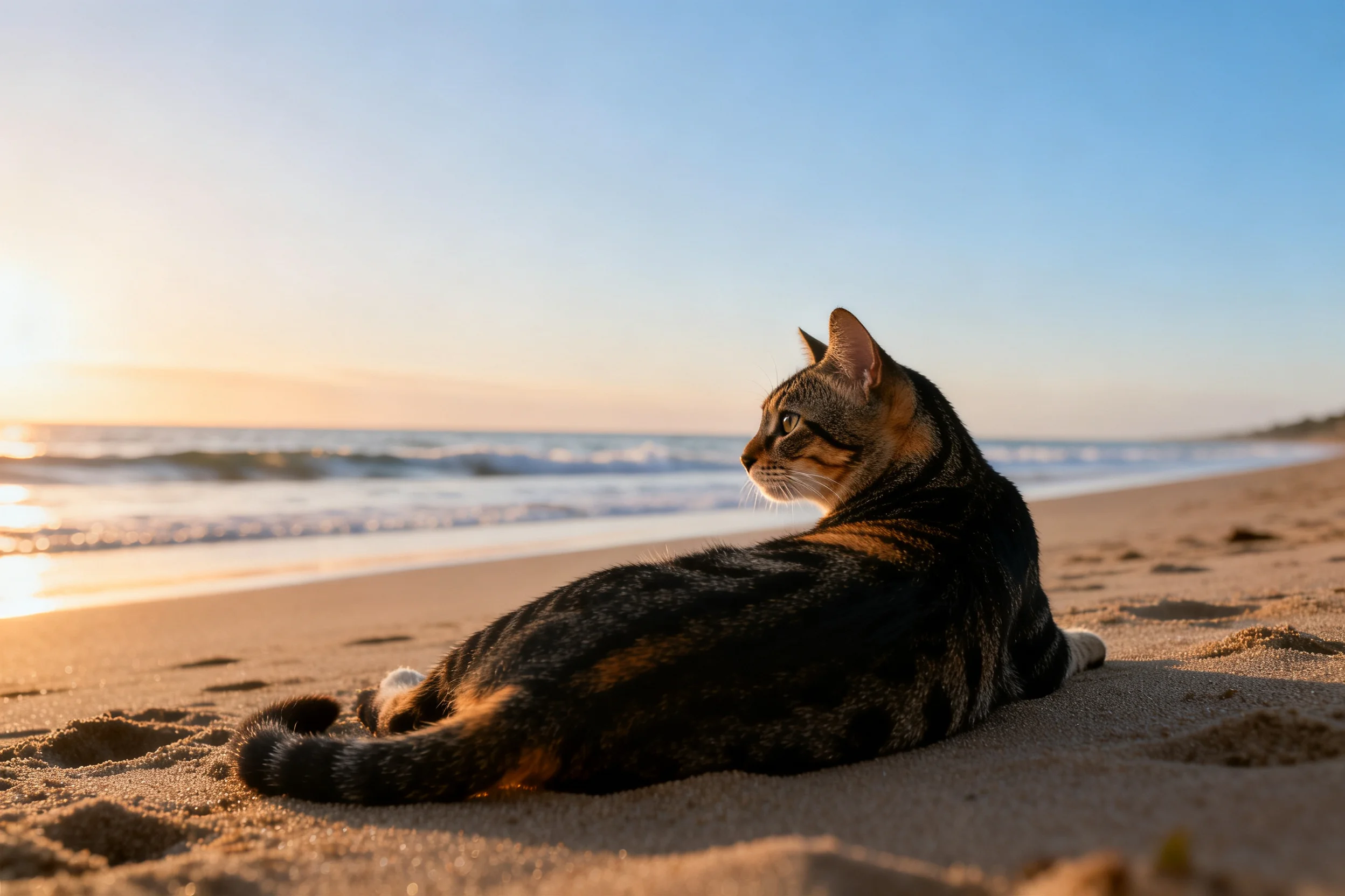 玳瑁短毛猫侧身躺卧在沙滩上,斑纹皮毛在夕阳照射下清晰可见。