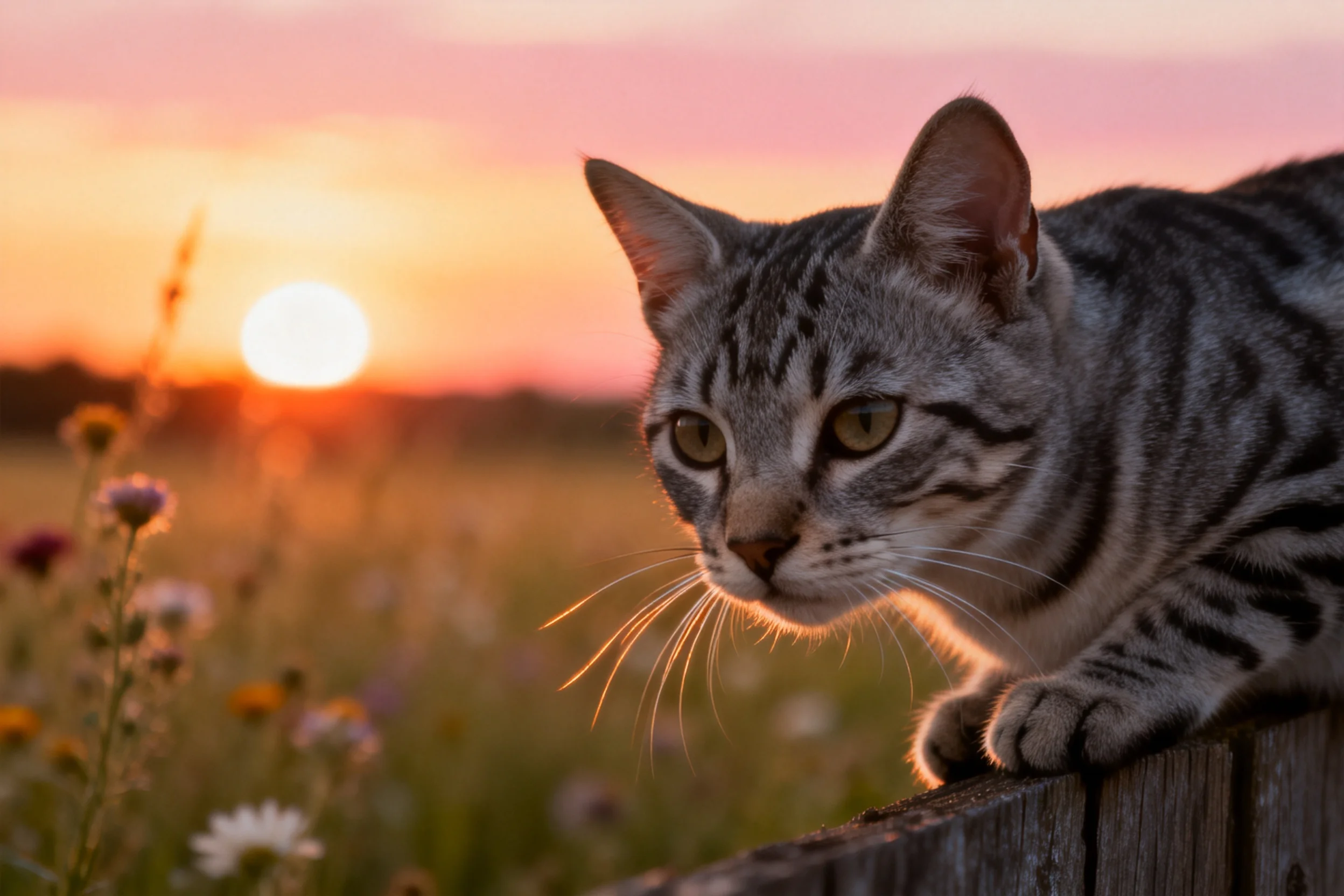 孟加拉猫趴在木栅栏上,银灰黑相间的被毛在夕阳下显得格外醒目,前爪搭在栅栏边缘,眼神专注。