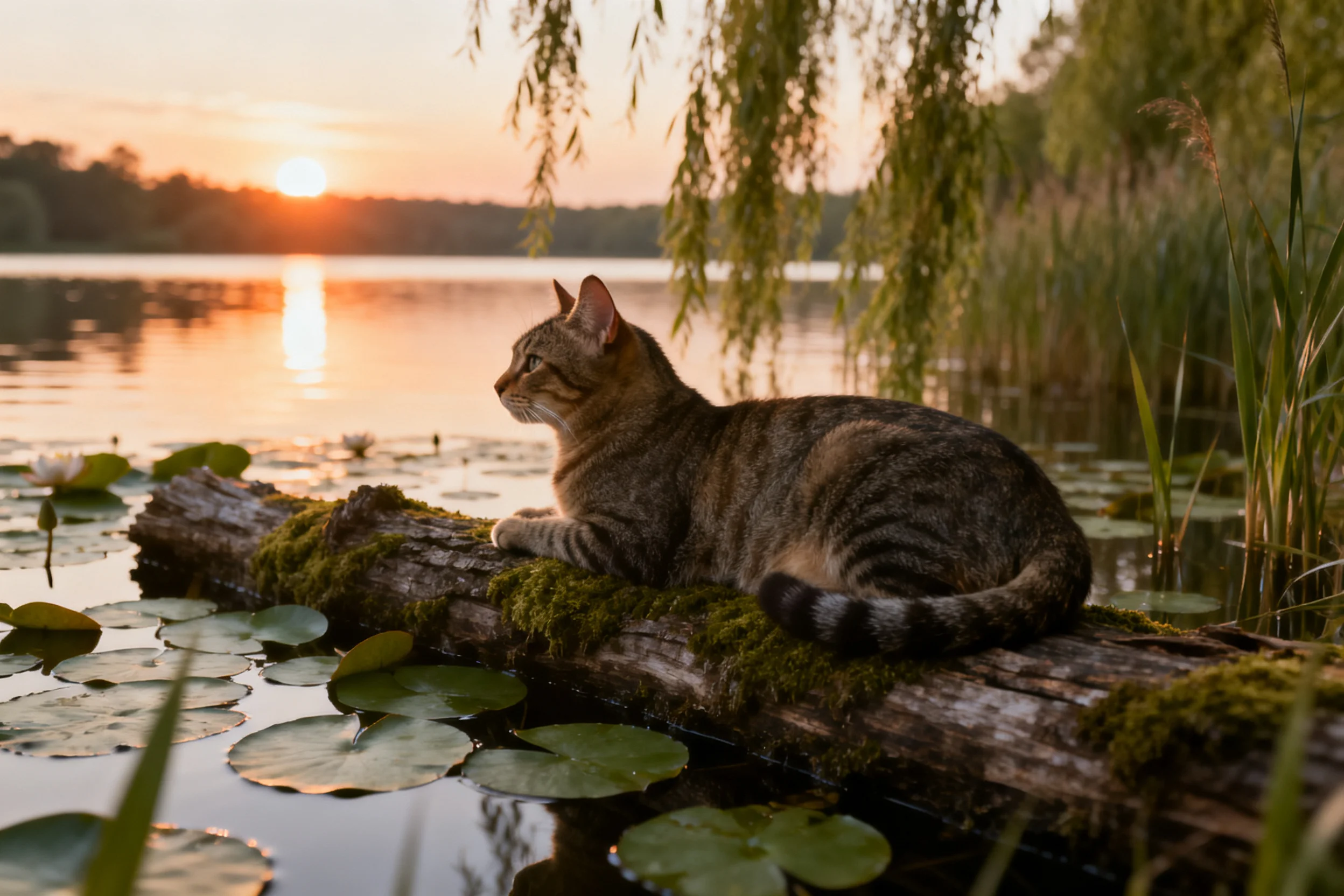 短毛虎斑猫安静地趴在长满青苔的木漂上,凝视着远处水面与夕阳。