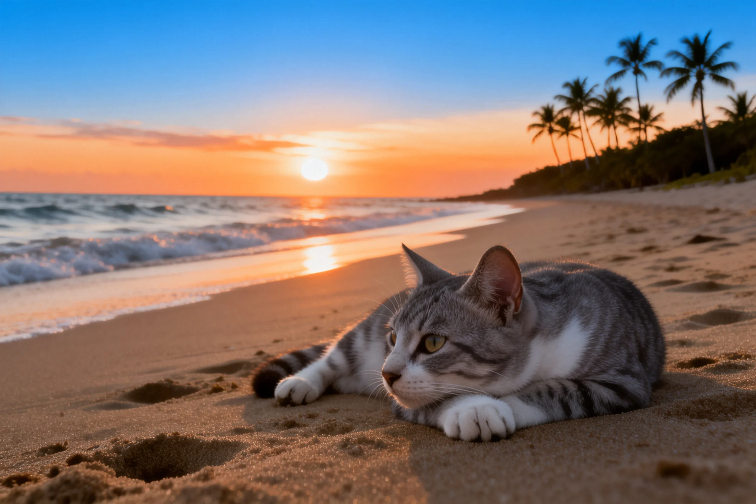灰虎斑短毛猫安静地趴在沙滩上，皮毛的虎斑纹理清晰可见。