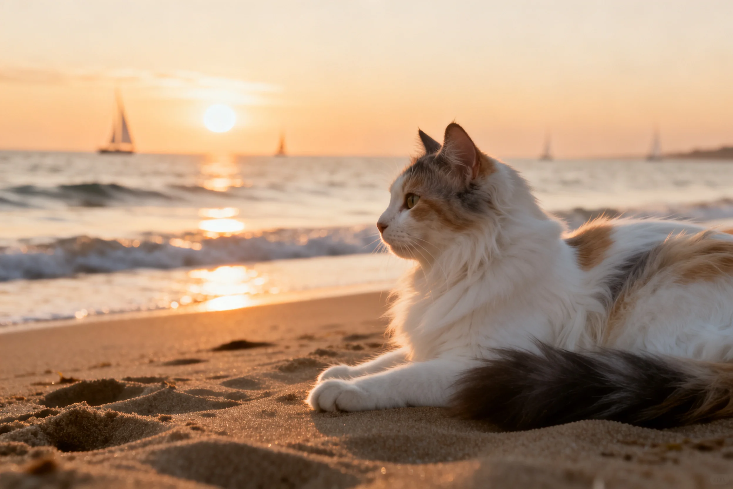 三色长毛猫安静趴在沙滩上,橙黑白相间的毛发蓬松柔软,目光注视远方大海。