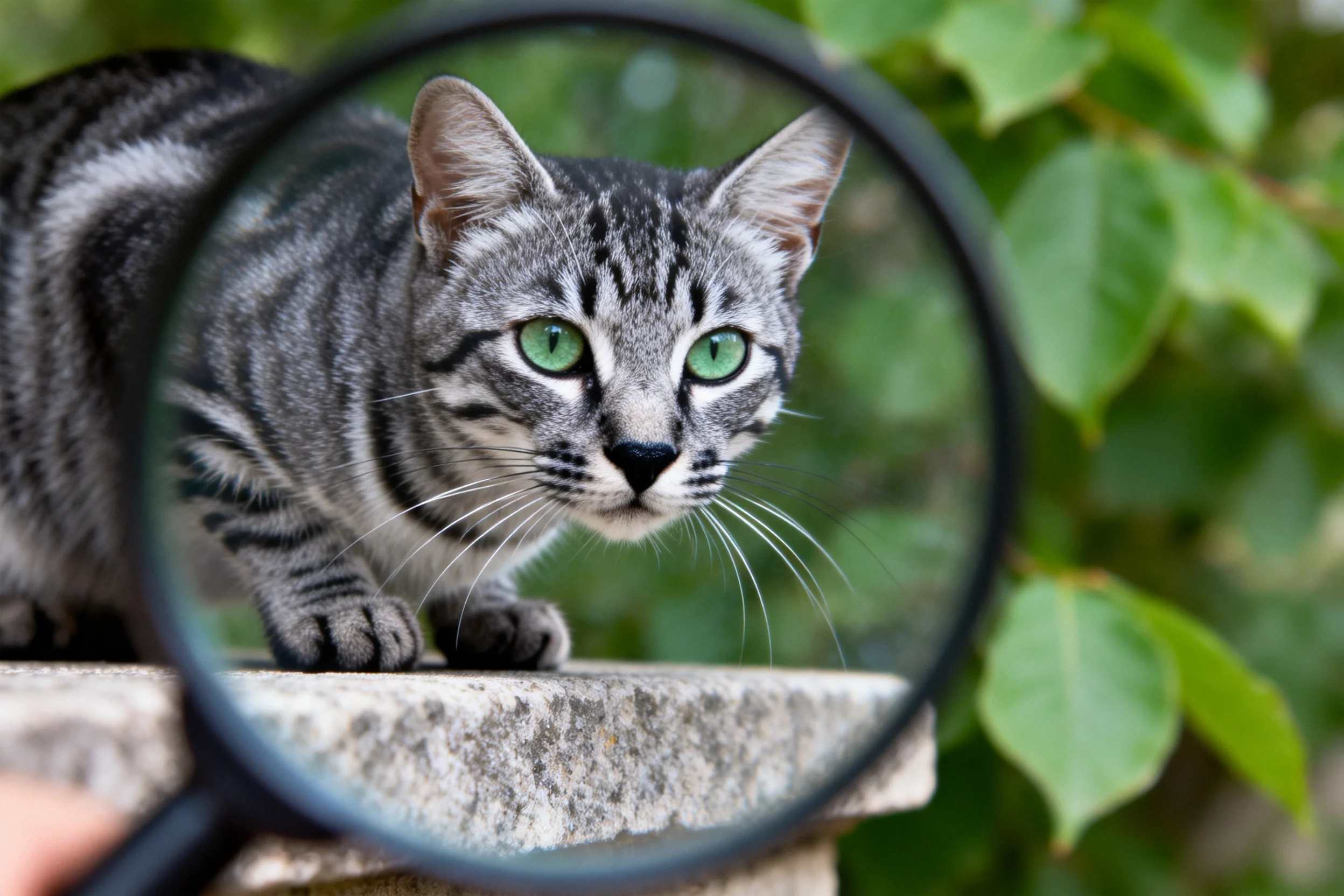 灰虎斑短毛猫,绿色眼睛清晰放大,皮毛呈灰色带黑色条纹。