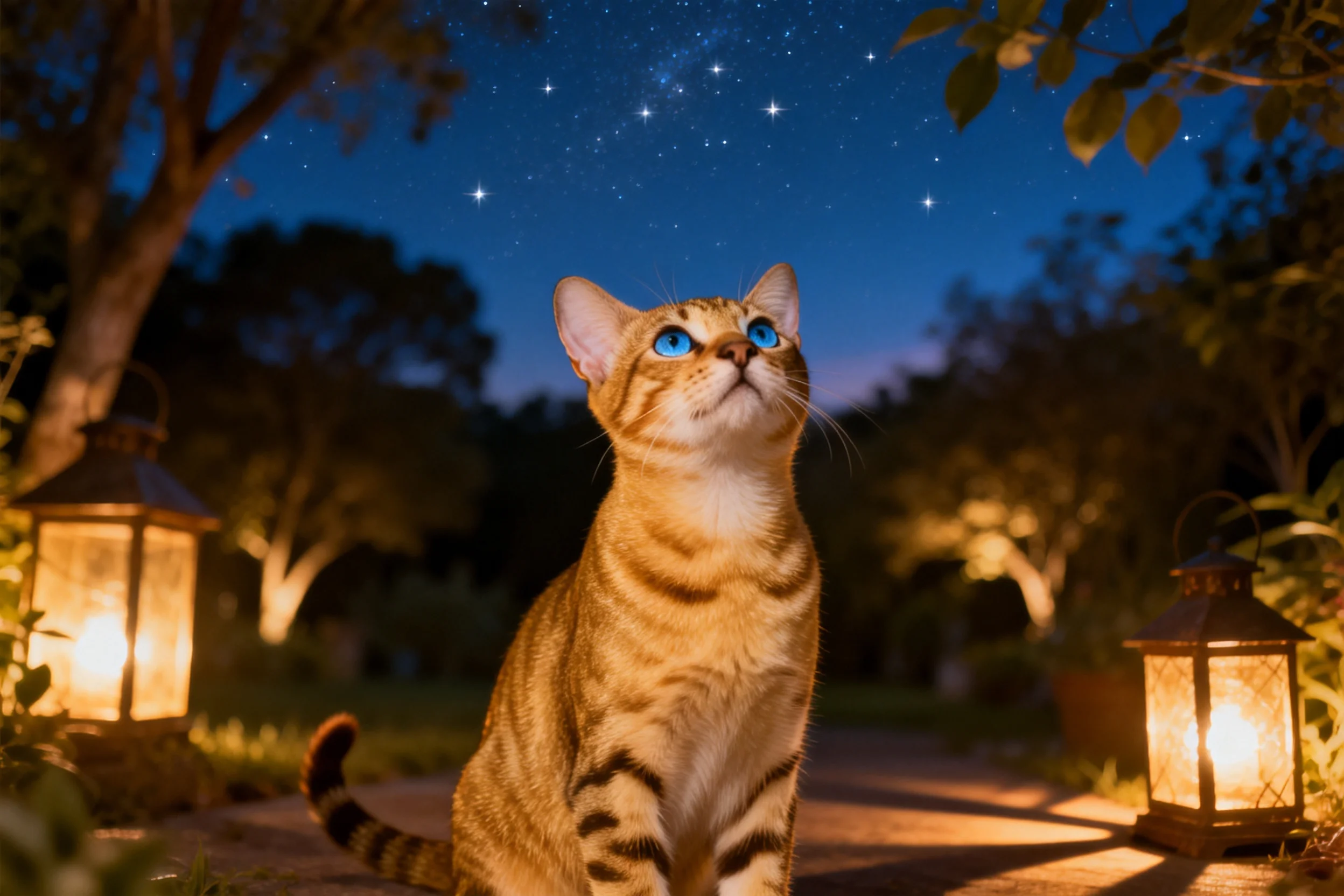 孟加拉猫抬头注视夜空,蓝眼睛明亮,橙金色带斑点的皮毛清晰呈现。
