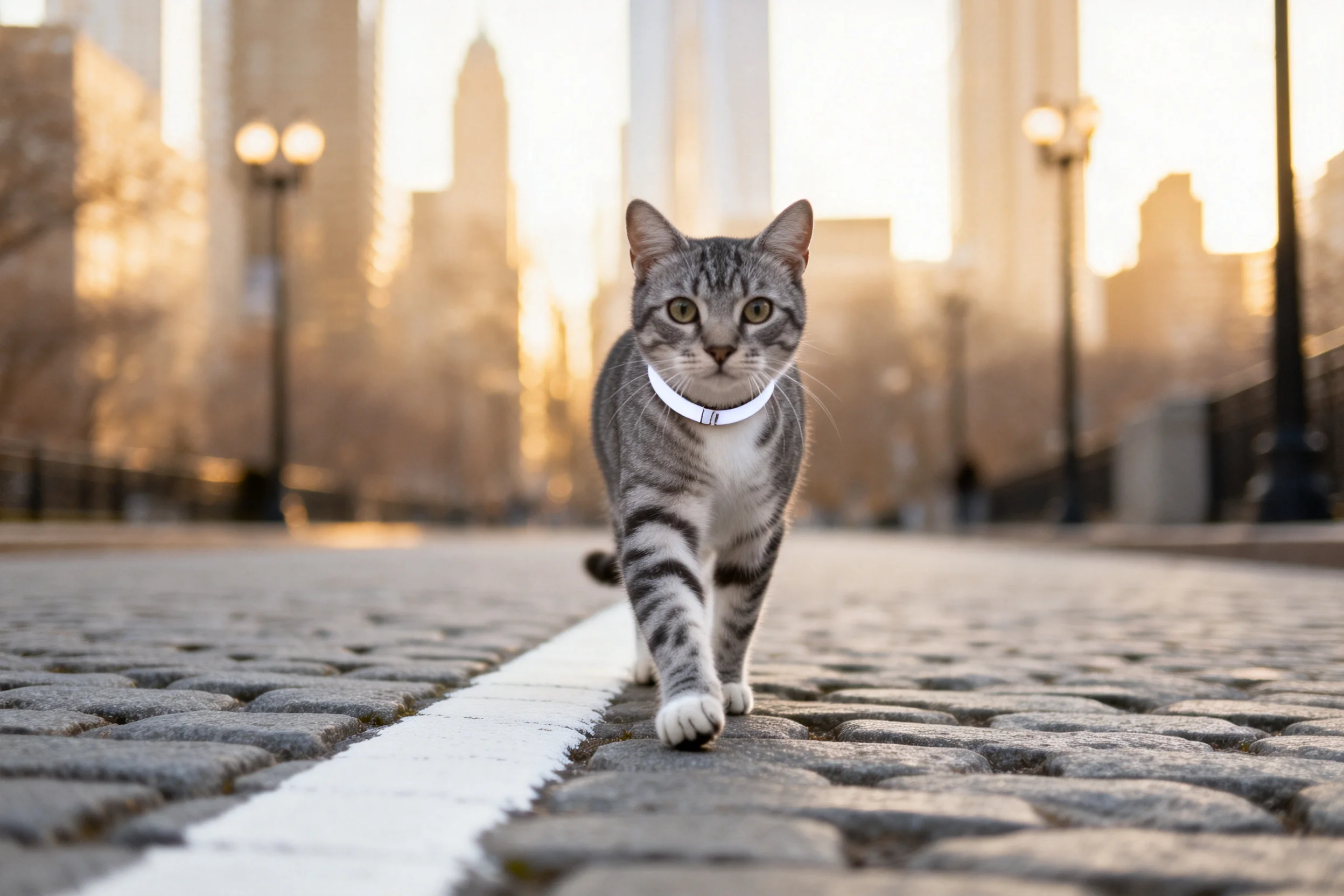 灰虎斑短毛猫沿着城市步道行走,皮毛带有清晰的条纹图案。