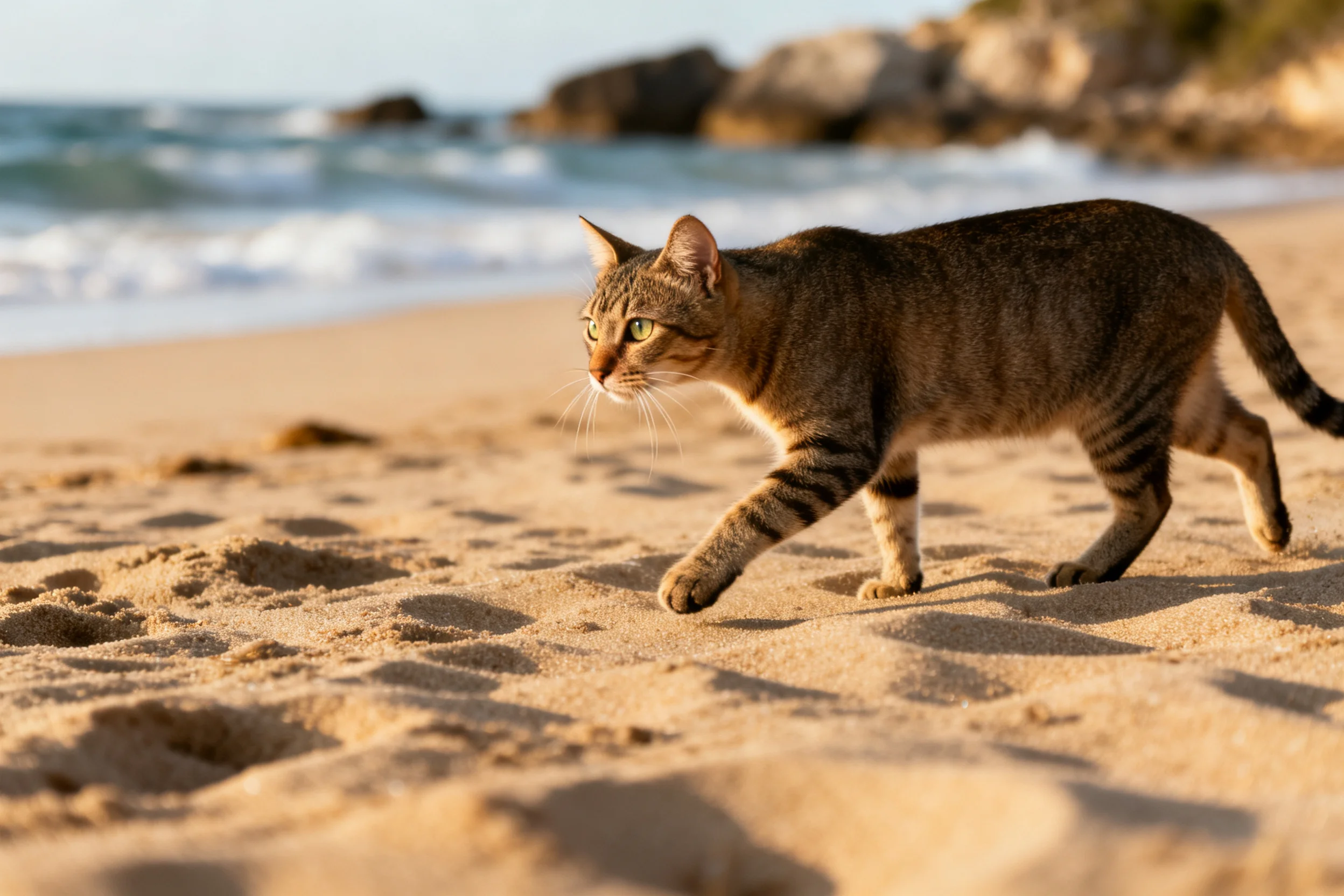 一只短毛虎斑猫在沙滩上行走,皮毛带有典型虎斑纹路,前爪接触沙面的细节清晰可见。