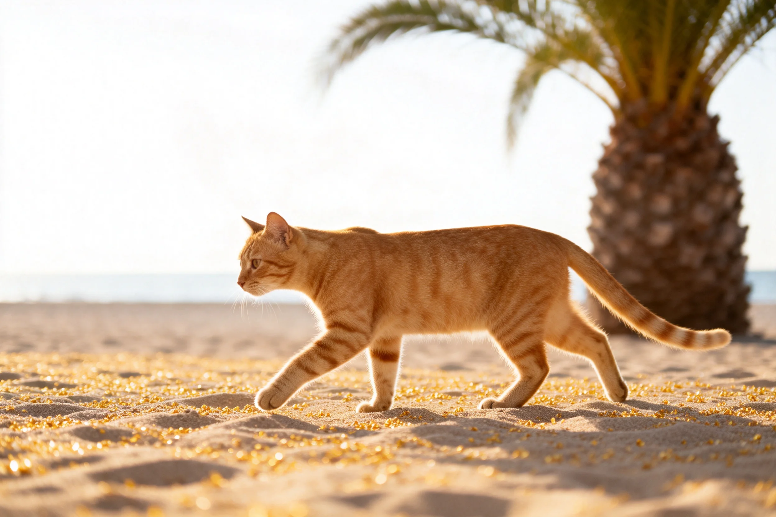 橙虎斑短毛猫在沙滩上行走，其橙色虎斑纹理清晰，爪子轻触沙面，姿态放松。