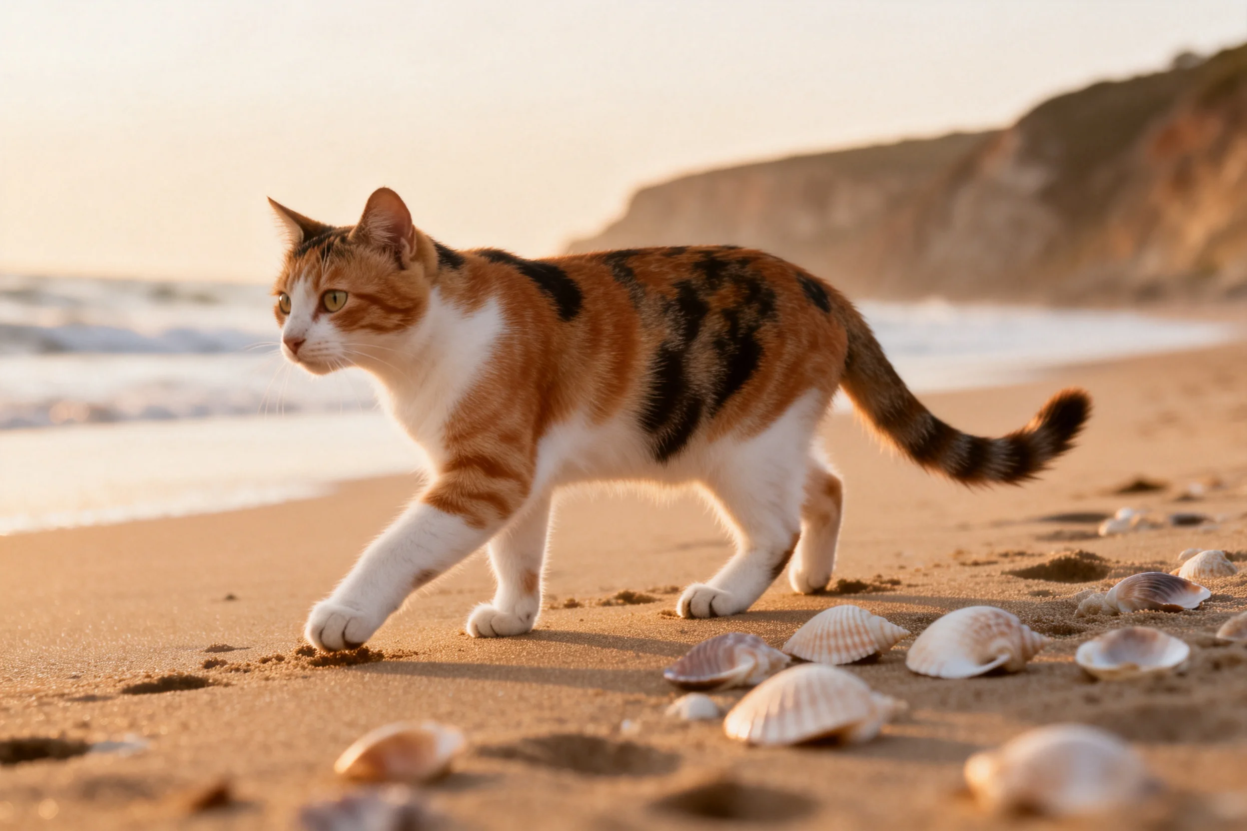 三色短毛猫在沙滩上行走,橘色、黑色与白色的皮毛在阳光下清晰可见,周围散落着各种形态的贝壳。