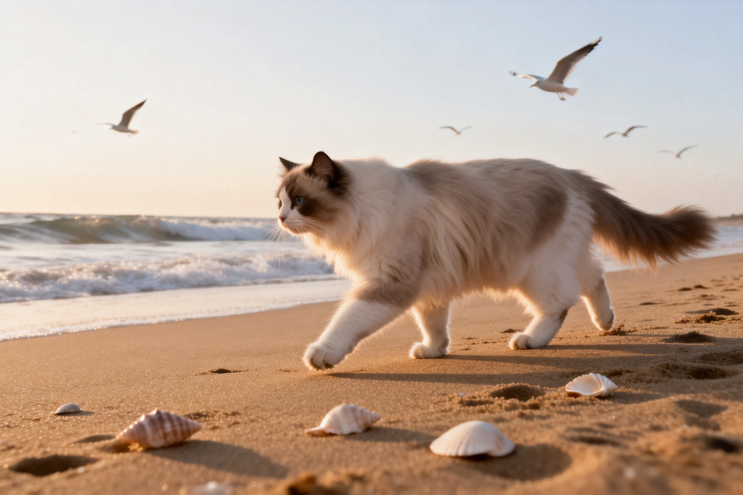 一只长毛布偶猫行走在沙滩上,前爪轻触沙滩,周围有飞翔的海鸥和散落的贝壳。