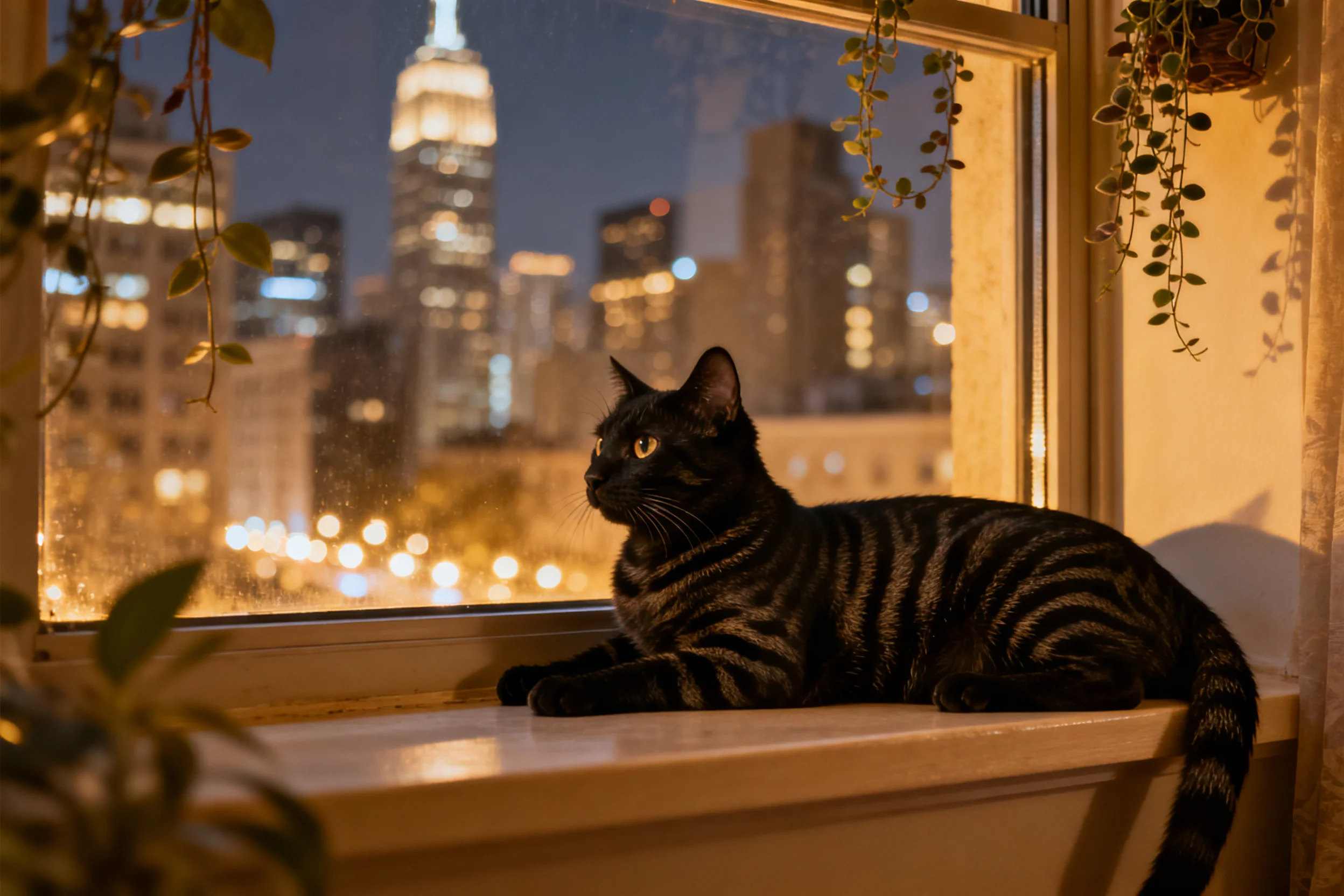 短毛虎斑猫趴在窗台上,黑色的虎斑纹理与黄色的眼睛清晰可见。