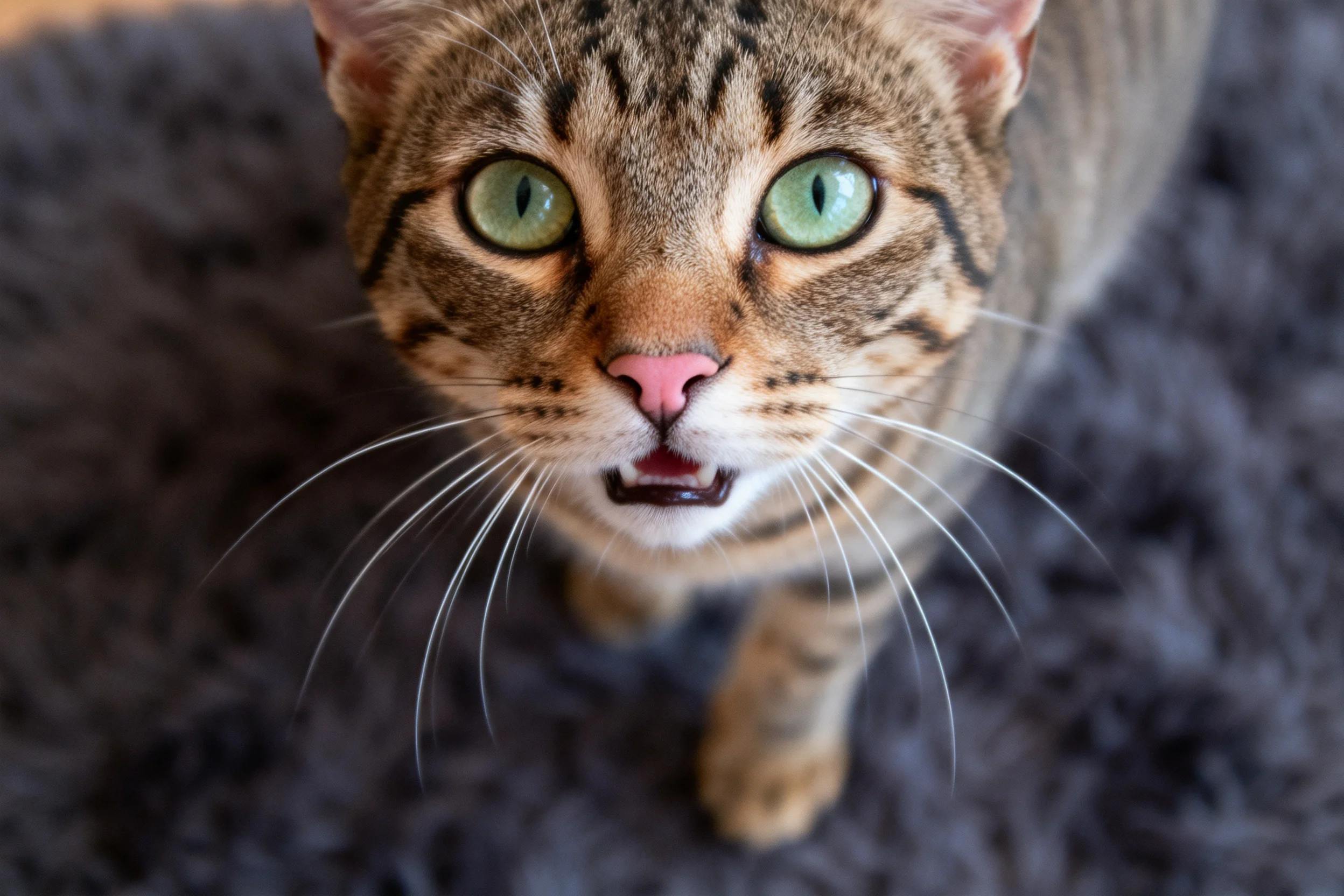 一只长毛虎斑猫,拥有绿色大眼睛,皮毛上有深色条纹图案,正站在地毯上面对镜头。