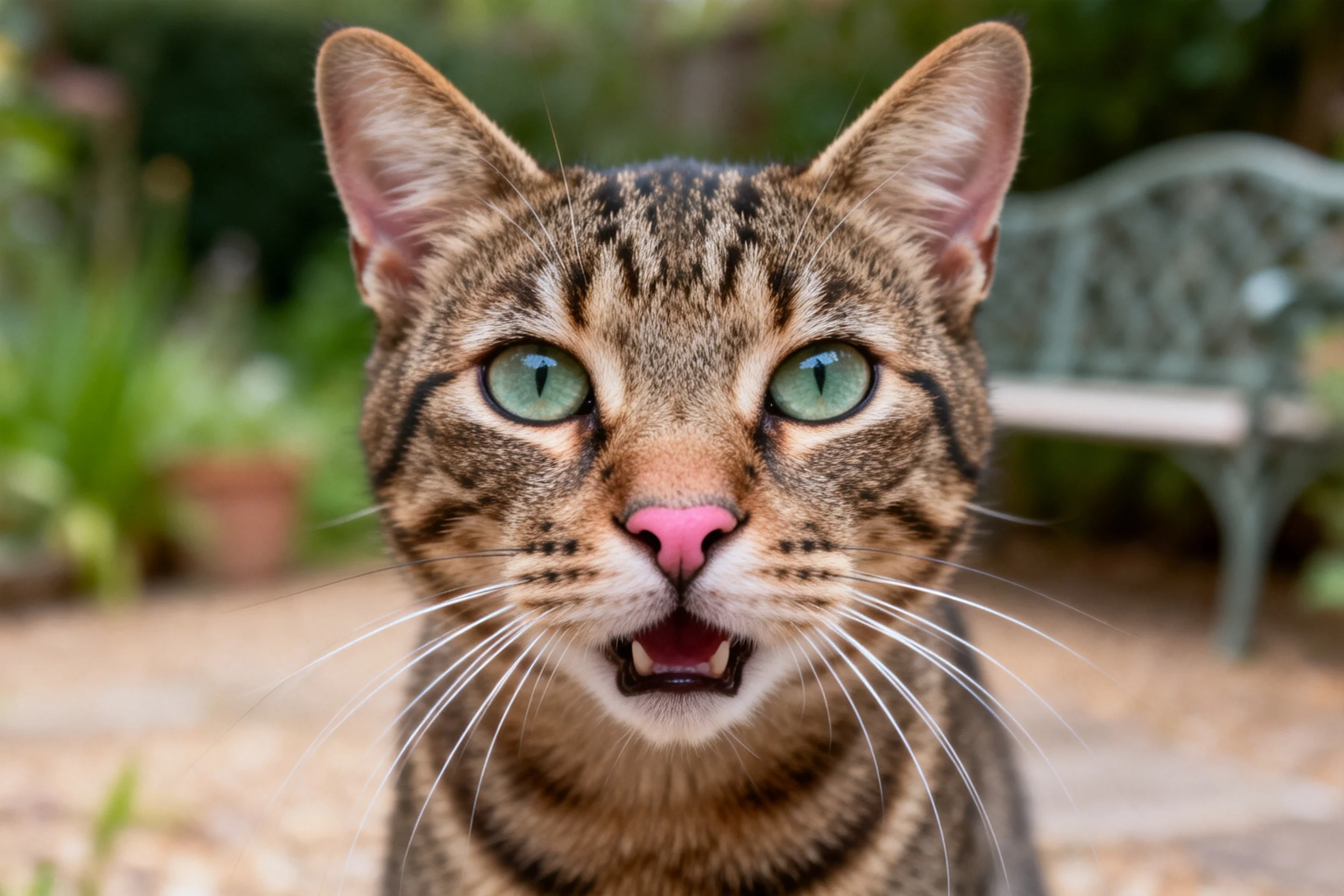 花园中虎斑短毛猫张开嘴巴,展现出其绿色眼眸与虎斑纹理的特写镜头。