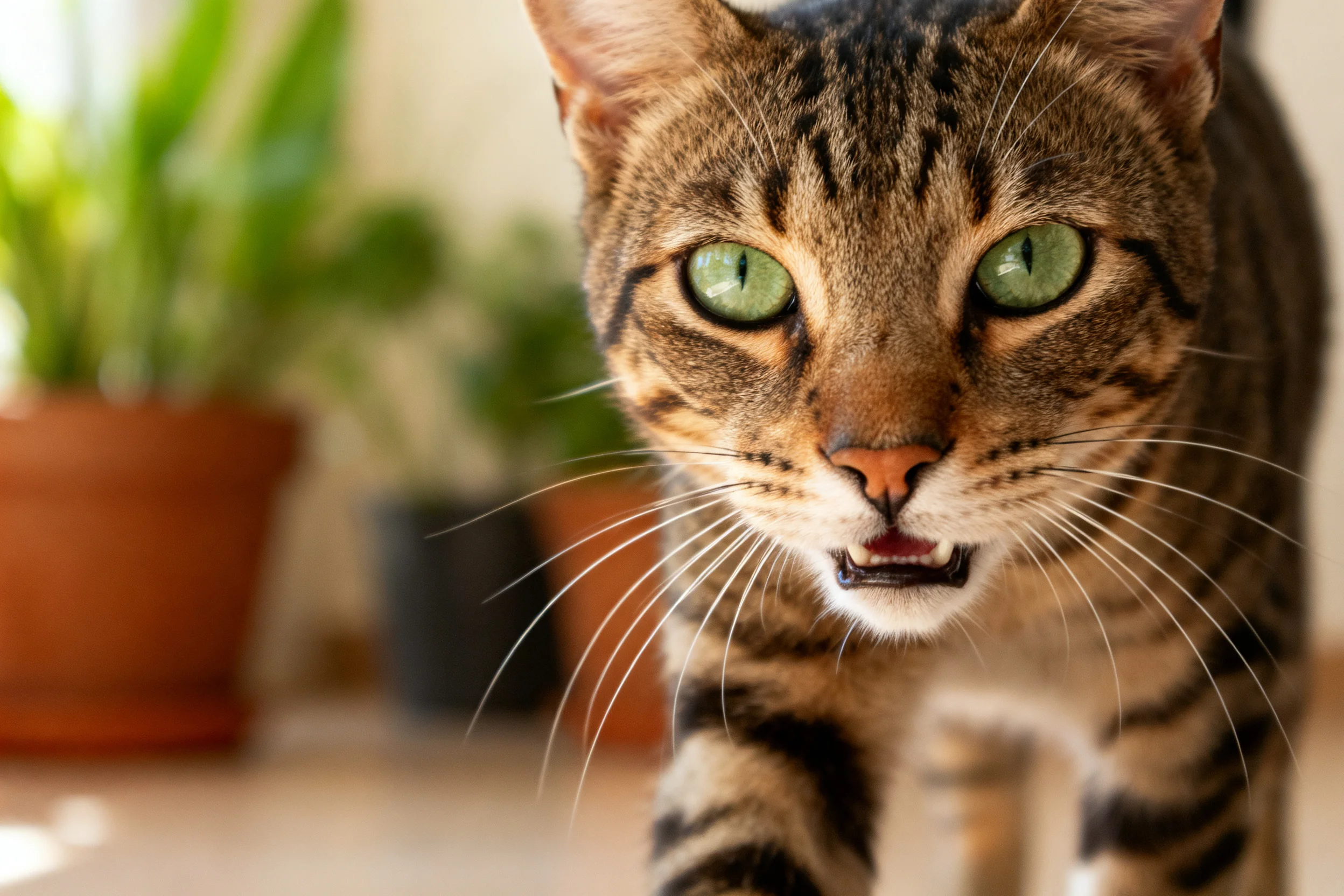 一只虎斑短毛猫以特写呈现,拥有明亮的绿色眼睛和清晰的虎斑条纹,嘴巴微微张开露出牙齿,胡须修长洁白。
