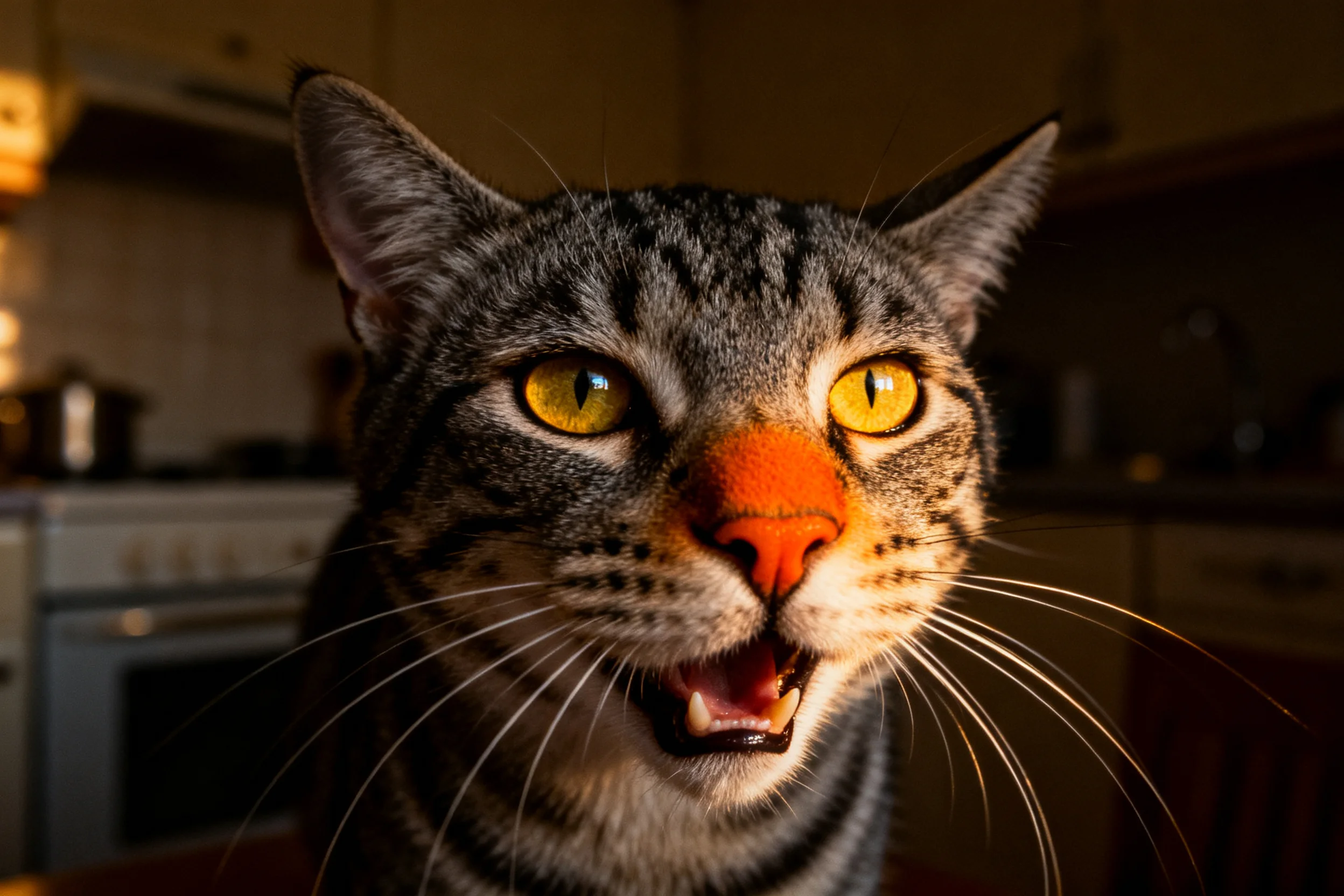 短毛虎斑猫拥有黄色眼睛和橙红色鼻头,嘴巴微张呈现出表情姿态。